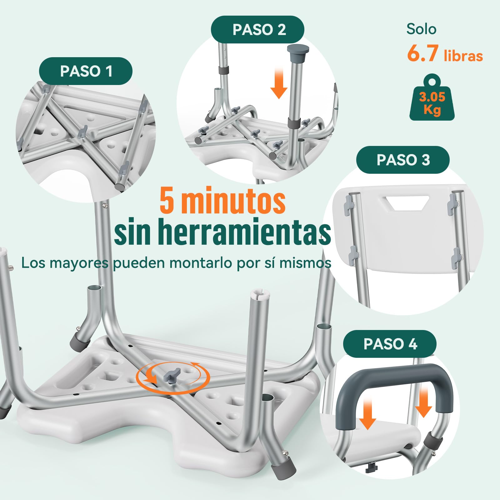 Silla de Ducha Ajustable con Reposabrazos – Asiento de Ducha Antideslizante en U con Respaldo y Reposabrazos Acolchados, Taburete de Baño Ligero para Personas Mayores y con Discapacidad