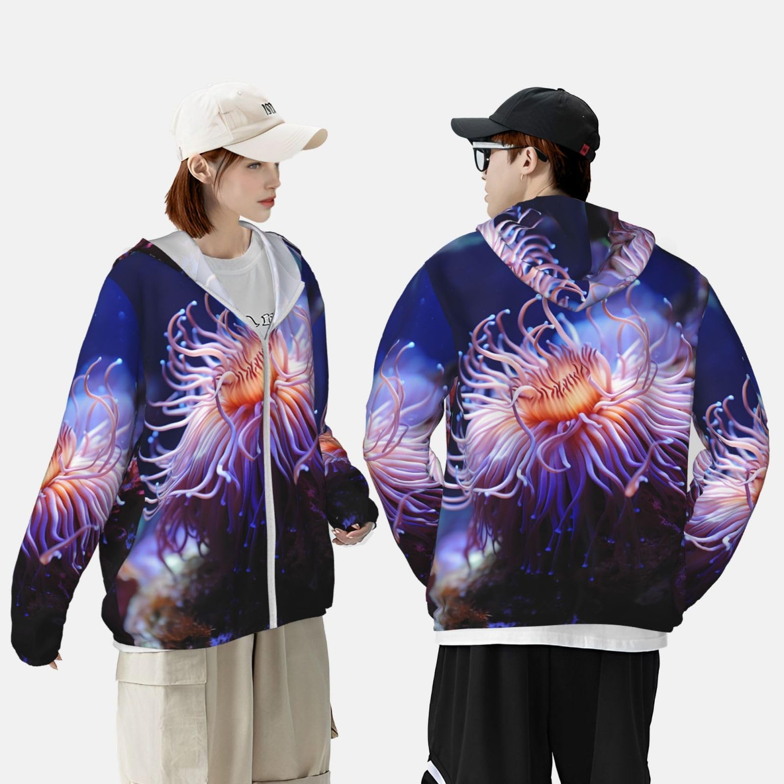 NONHAI Men's Sun Protection Jacket UPF 50+ Full Zipper Long Sleeve UV Hoodie Shirt Sea Anemone Women's Outdoor Jacket Black