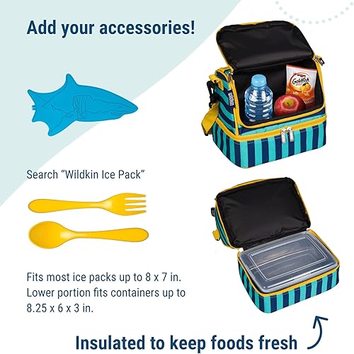 Miniatura 5 de Wildkin Bolsa de almuerzo aislada con dos compartimentos para niños, lista para la escuela y los viajes, rayas azules