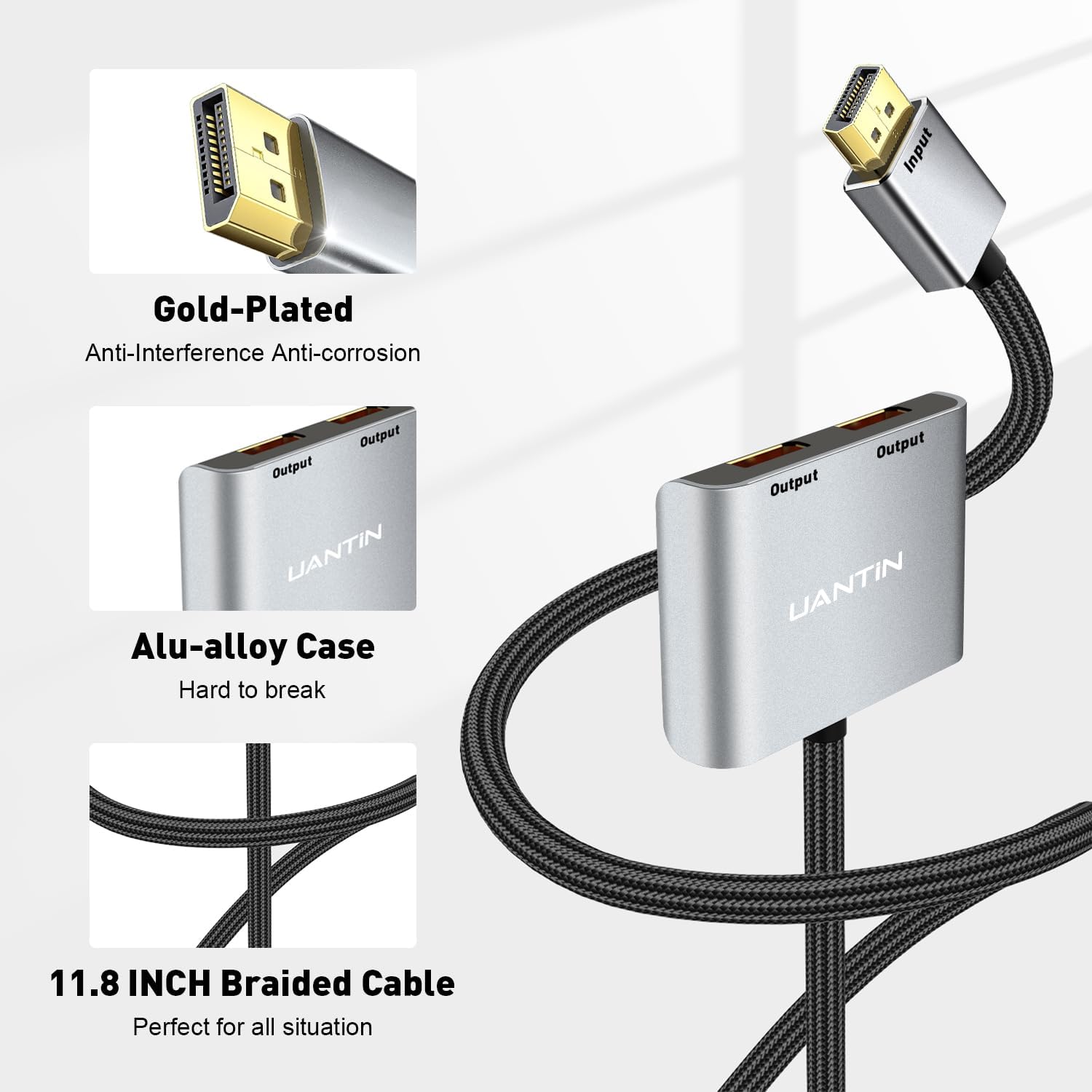 UANTIN DisplayPort to Dual DisplayPort Splitter Extended Display Adapter | 4K 60Hz Display Port Splitter 1 in 2 Out for Dual Monitors, MST Hub - External Graphics Card - DP Adapter for PC, NVIDIA, AMD