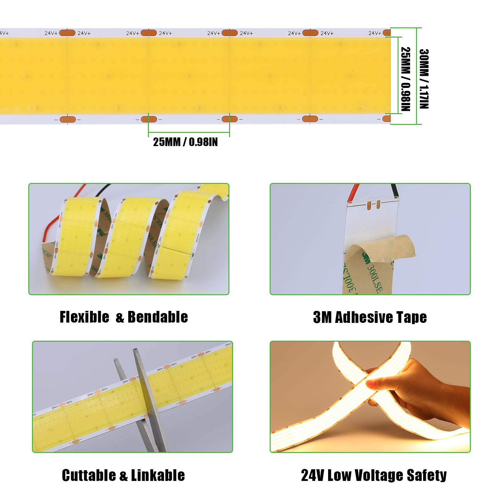 JOYLIT 30MM Breit COB LED Streifen 24V 5M 3000K Warmweiss, 5 Reihen 1600LEDs/M Hohe Dichte 40W/M 22000LM Ultrahell LED Band CRI 90+, Selbstklebend LED Strip Für Industrie, Gewerbe (Keine Netzteil)