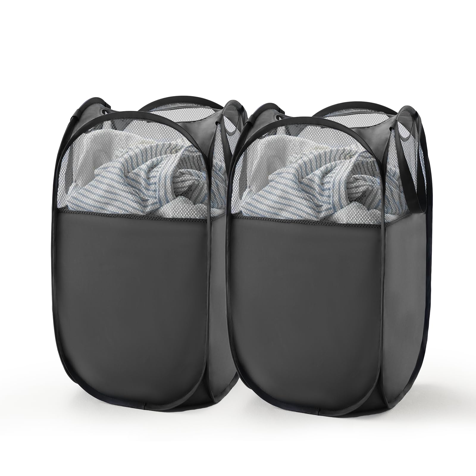 TECHMILLY Pop Up Foldable Laundry Basket, Mesh Laundry Hamper with Reinforced Handles for Dirty Clothes Storage in Dorm, Laundry Room, Bathroom, Black(Fabric), 2 Pack