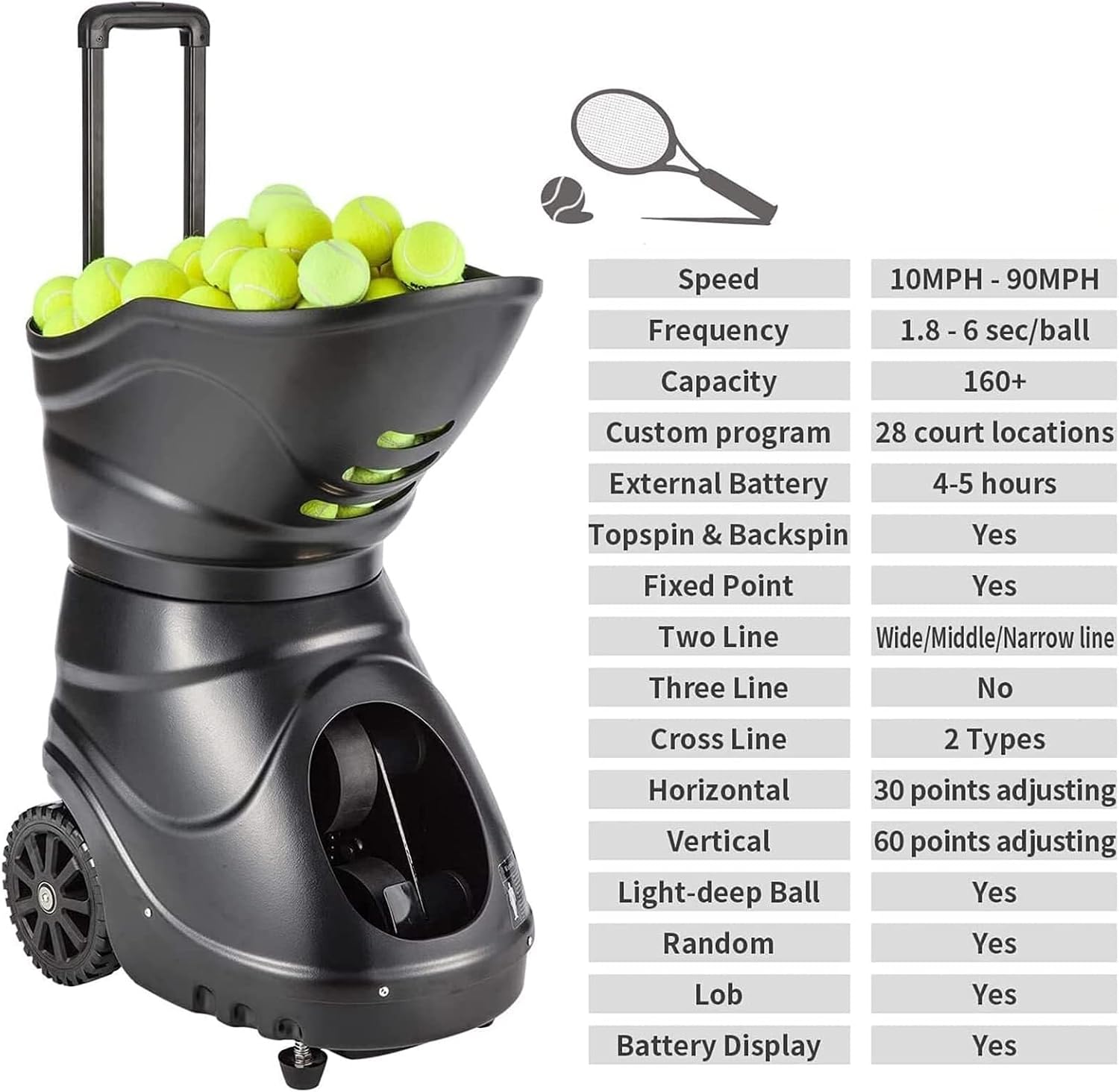 Tennis Machine, Adjustable Tennis Ball Tosser, Multifunction Training Modes, with Remote Control Equipment, 150 Large Capacity, for Solo Training Sports