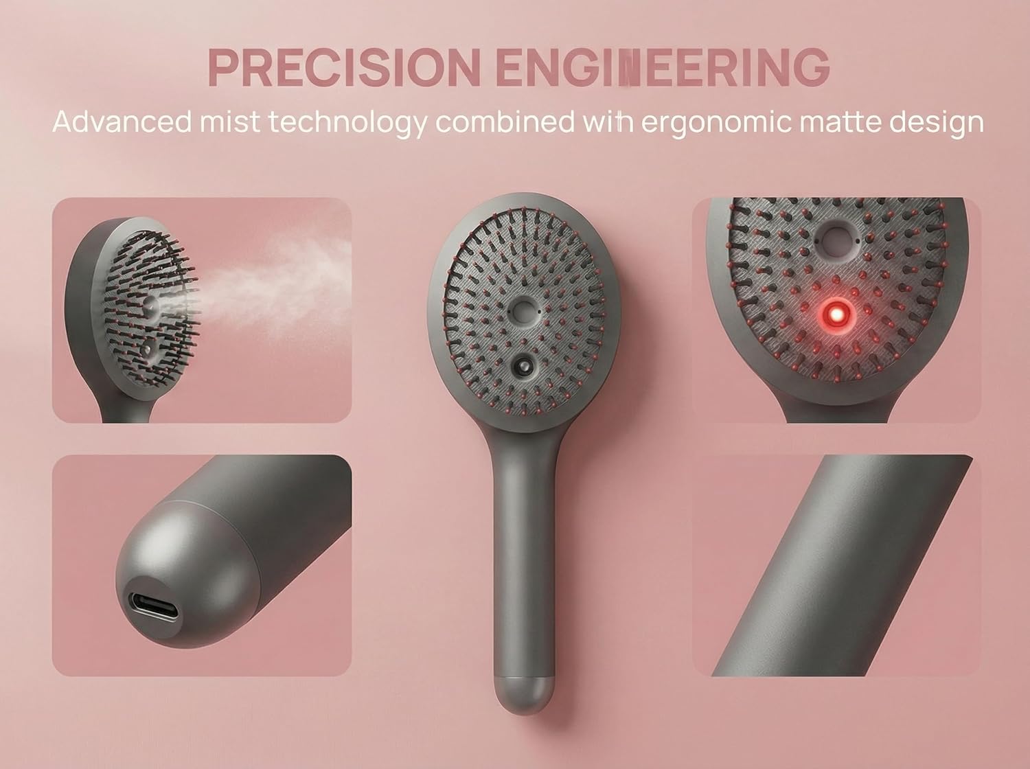 Red light design vibrating scalp massage spray comb, which can add hair care essential oil, rechargeable hair care comb with fine mist, LCD screen and C-type charging, for daily scalp care (grey)