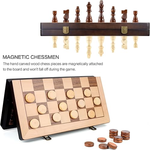 Miniatura 3 de RERIVER Juego de ajedrez y damas de madera magnética de 15 pulgadas, juegos de mesa plegables clásicos con tablero de juego de fieltro interior para