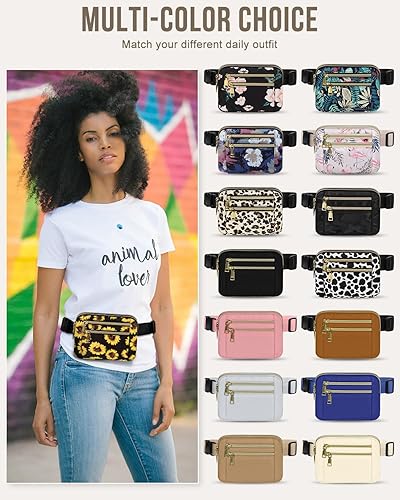 Miniatura 6 de Capolo Riñoneras para mujer con correa ajustable y 4 bolsillos con cremallera, impermeable, para entrenamiento, correr, viajar, Girasol, Riñonera