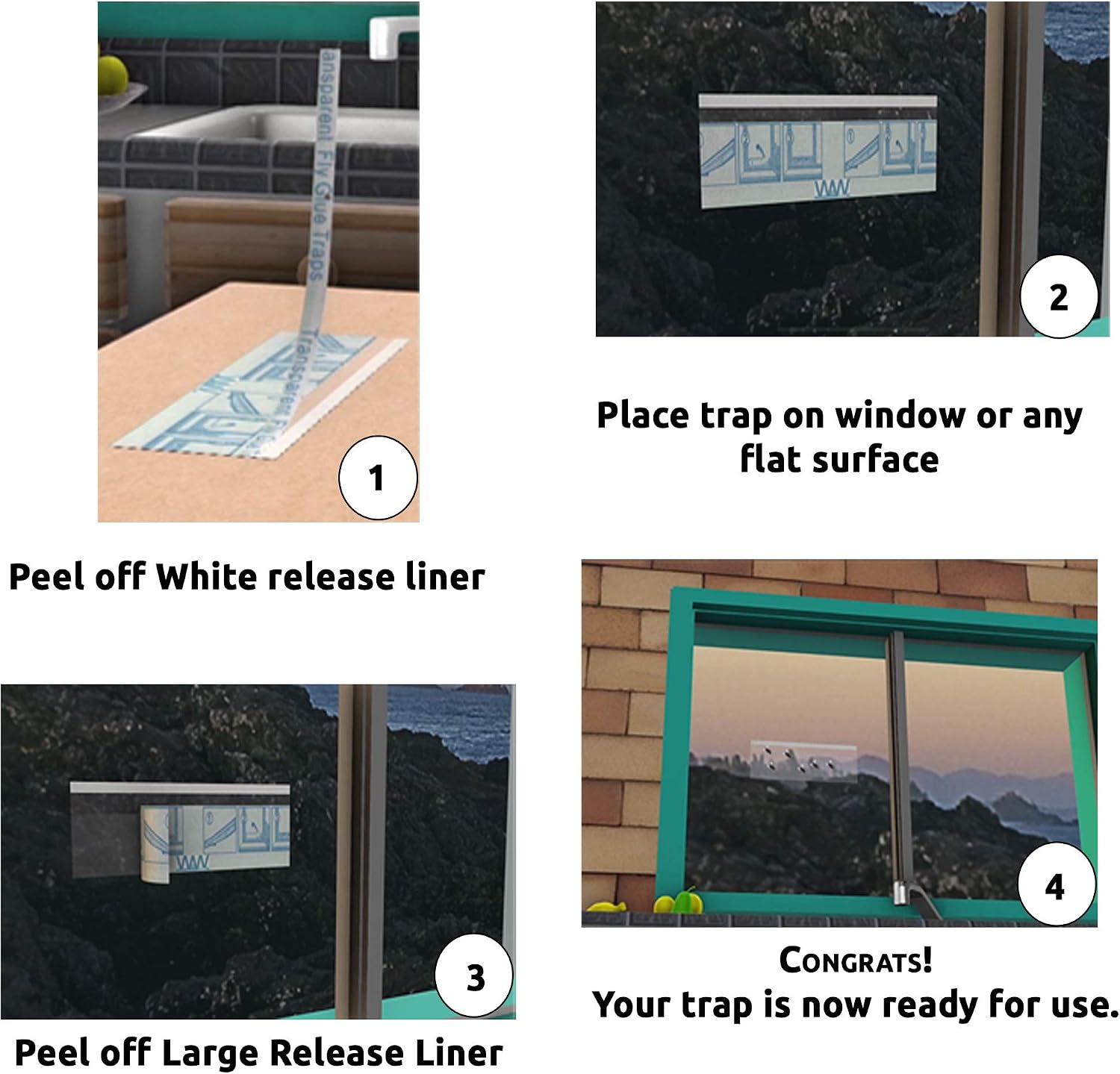 W4W Flies & Bug Window Fly Trap - Indoor / Outdoor Non Toxic Clear Window Fly Traps - 16 Pack