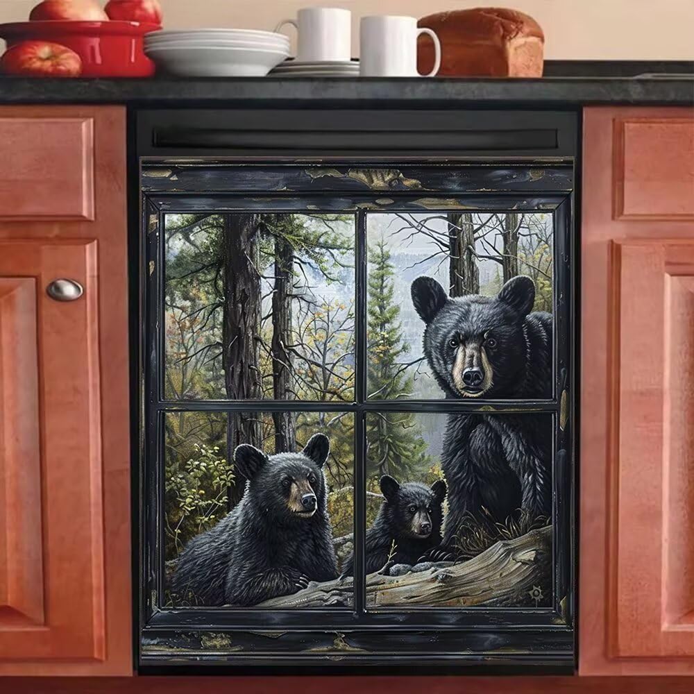 Forest Animal Dishwasher Magnet Cover, Black Bear Dishwasher Decorative Cover Magnetic Refrigerator Front Cover, Home Kitchen Decorative Magnetic Dishwasher Front Cover 23x26 Inch Magnetic