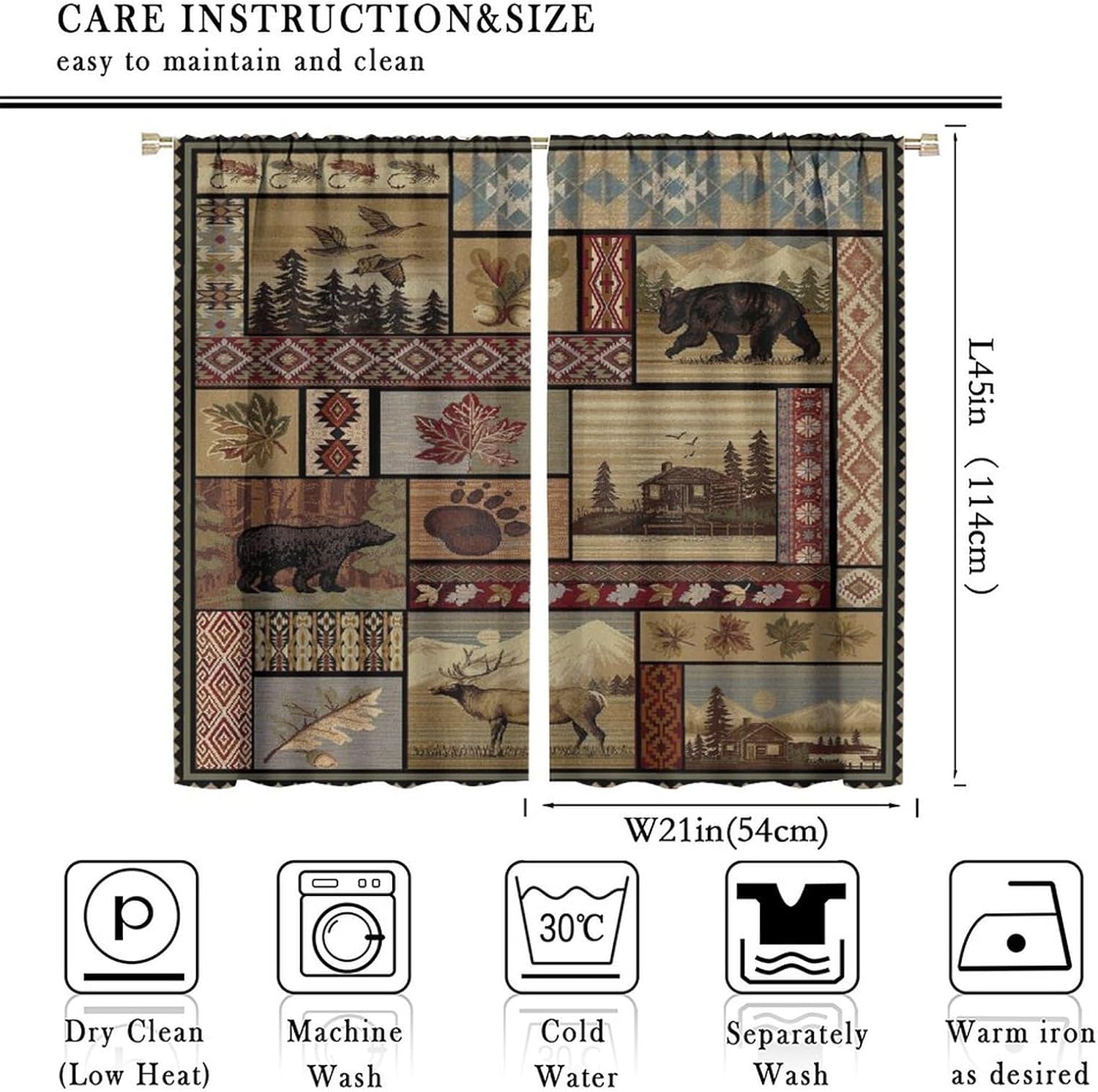 Vintage Western Cabin Lodge Curtains - Retro Rustic Farmhouse Country Wildlife Bear Deer Leaves Thermal Insulated Blackout Curtains - Rod Pocket Window Treatment Drapes for Bedroom 2 Panels 45L x 21W