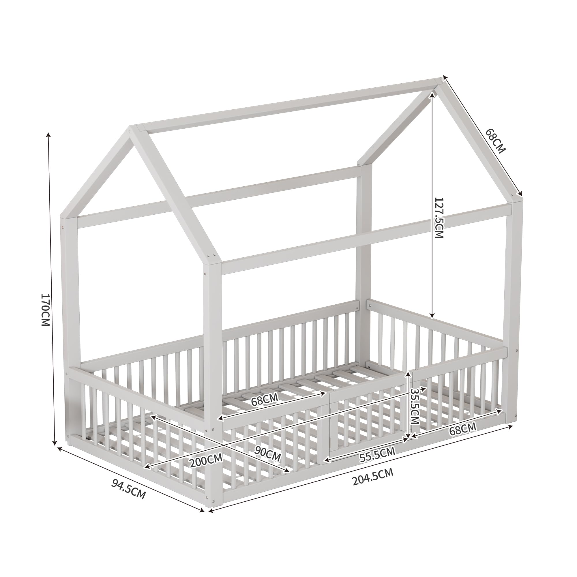 Kinderbett Hausbett 90x200 cm, Montessori Bodenbett mit Tür inkl. Rausfallschutz & Lattenrost, Massivholz Gitterbett Montessori Bett Babybett Kinder Jugendbett Einzelbett für Jungen & Mädchen, Weiß
