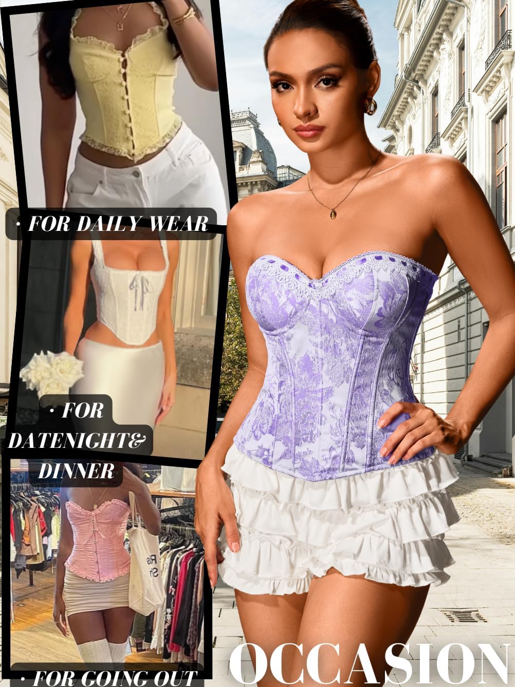 ChiaoLezhee Jacquard Floral Lace Trim Corset, Embroidery Padded Underwire, Lace-up Bustier Strapless Top for Women S-3XL