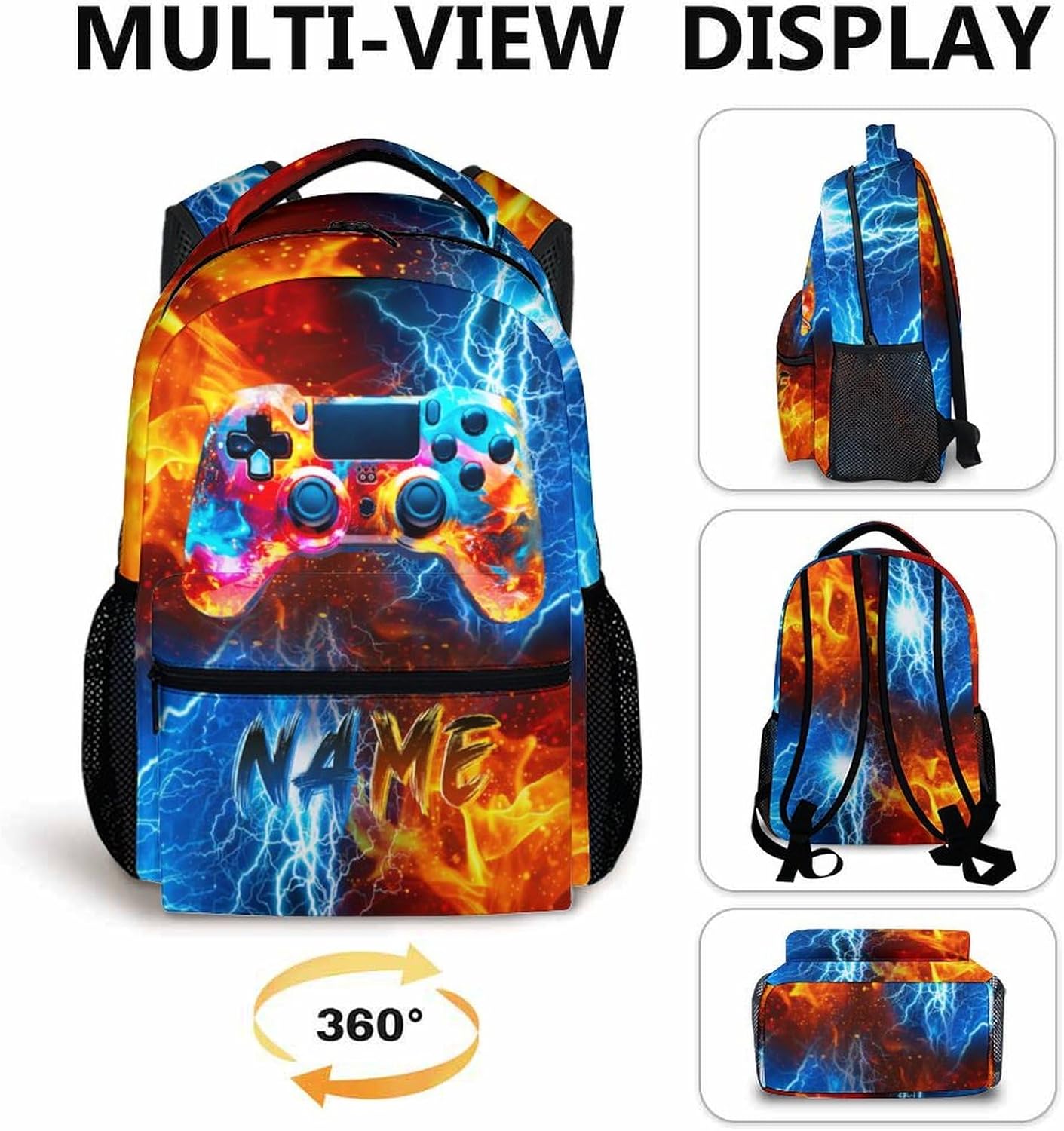 Gamer Backpack for Kids School Kindergarten Elementary Primary Middle College, Personalized Gaming Schoolbag for Boys, 17 Inch Custom Large Capacity Bookbag for Travel Work Hiking