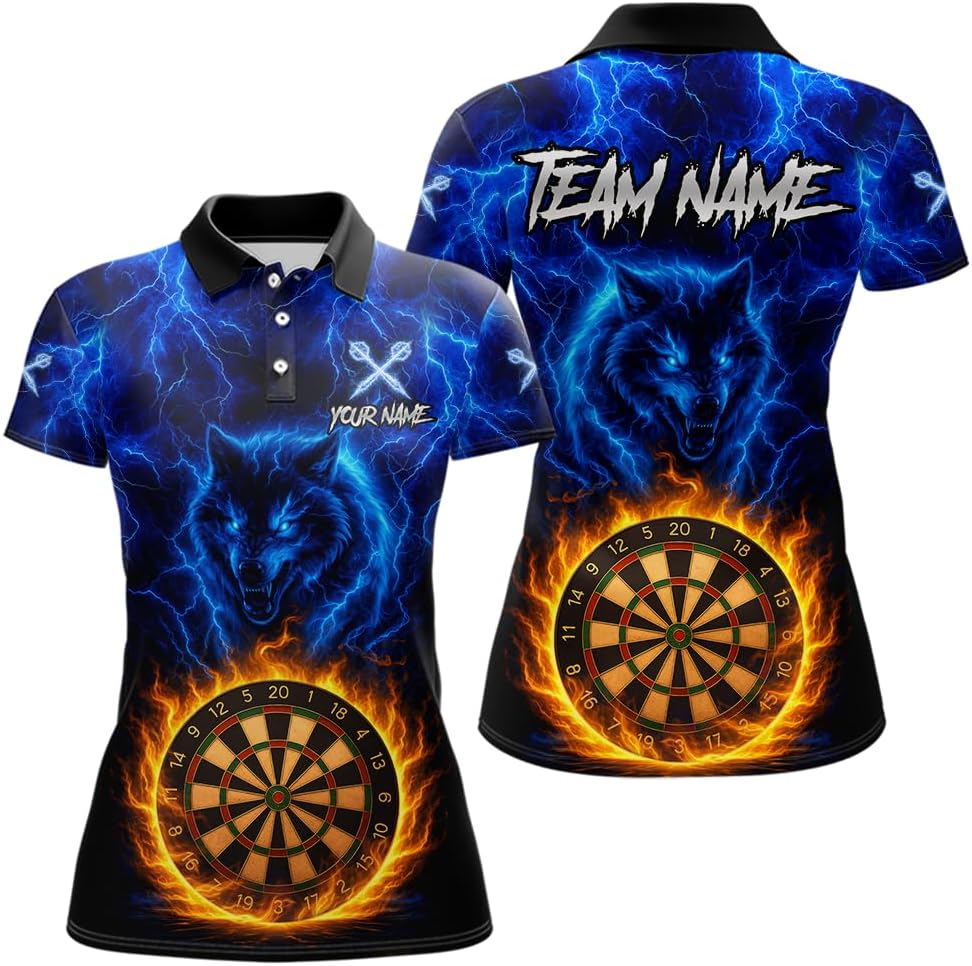 Blue Lightning Thunder Wolf Dart Shirt for Men Women Team Dart Shirts Custom Dart Jersey Dartboard Shirt Polo and 1/4 Zip