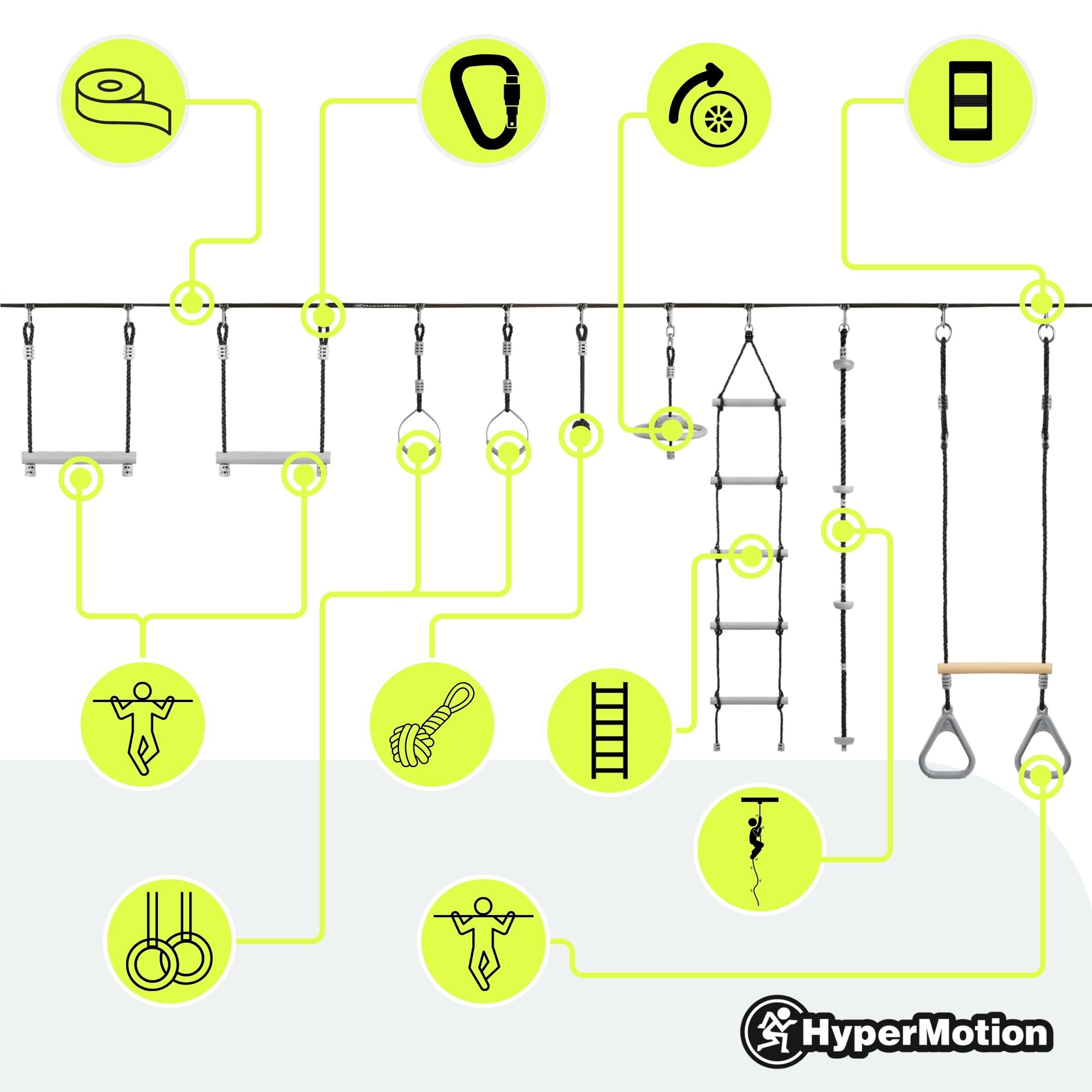 HyperMotion Percorso Ostacoli Bambini Set Ninja con 9 Attrezzi - Kit Slackline con Ruote, Aste e Scala per Allenamento - Resistente fino a 113 kg - Attrezzatura Giardino per Famiglia