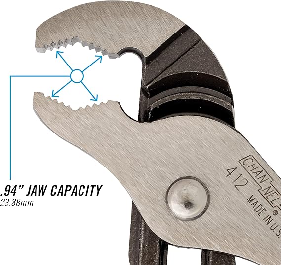 CHANNELLOCK 412 6.5-inch V-Jaw Tongue & Groove Pliers, Made in USA, 0.94-inch Jaw Capacity, Forged High Carbon Steel, More Points of Contact on Round Stock