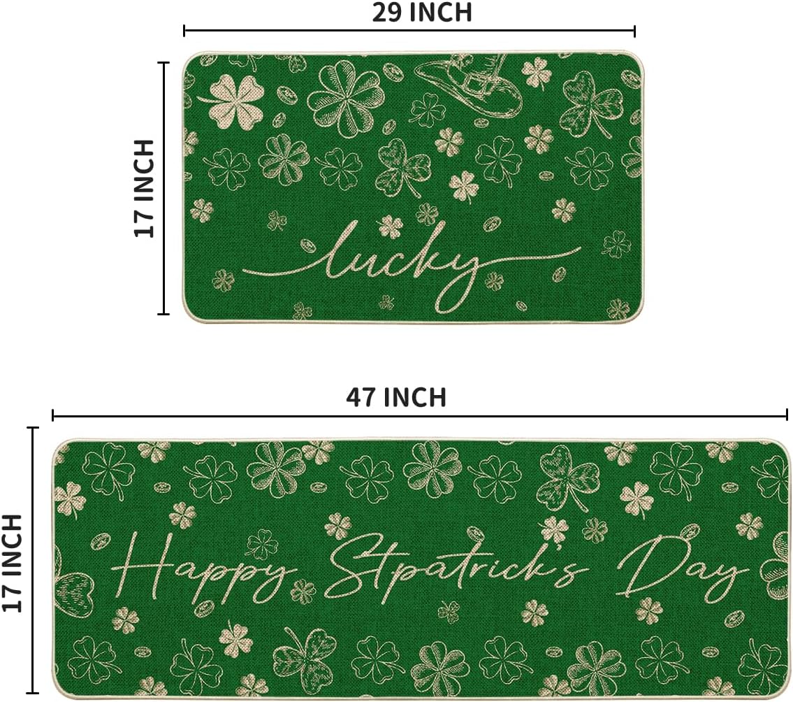 Artoid Mode Green Shamrock Clover St. Patrick's Day Kitchen Mats Set of 2, Home Decor Low-Profile Kitchen Rugs for Floor - 17x29 and 17x47 Inch