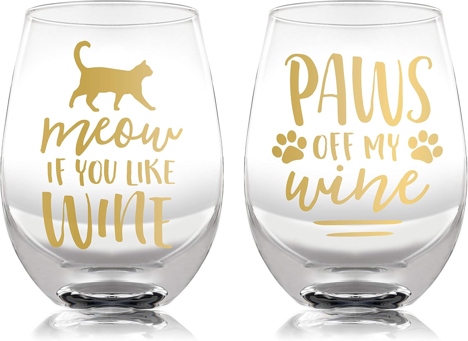 Pearhead Pet Cat Lover's Wine Glasses, Gold Script Pet Themed Stemless Glasses, Meow If You Like Wine and Paws Off My Wine, Hostess…