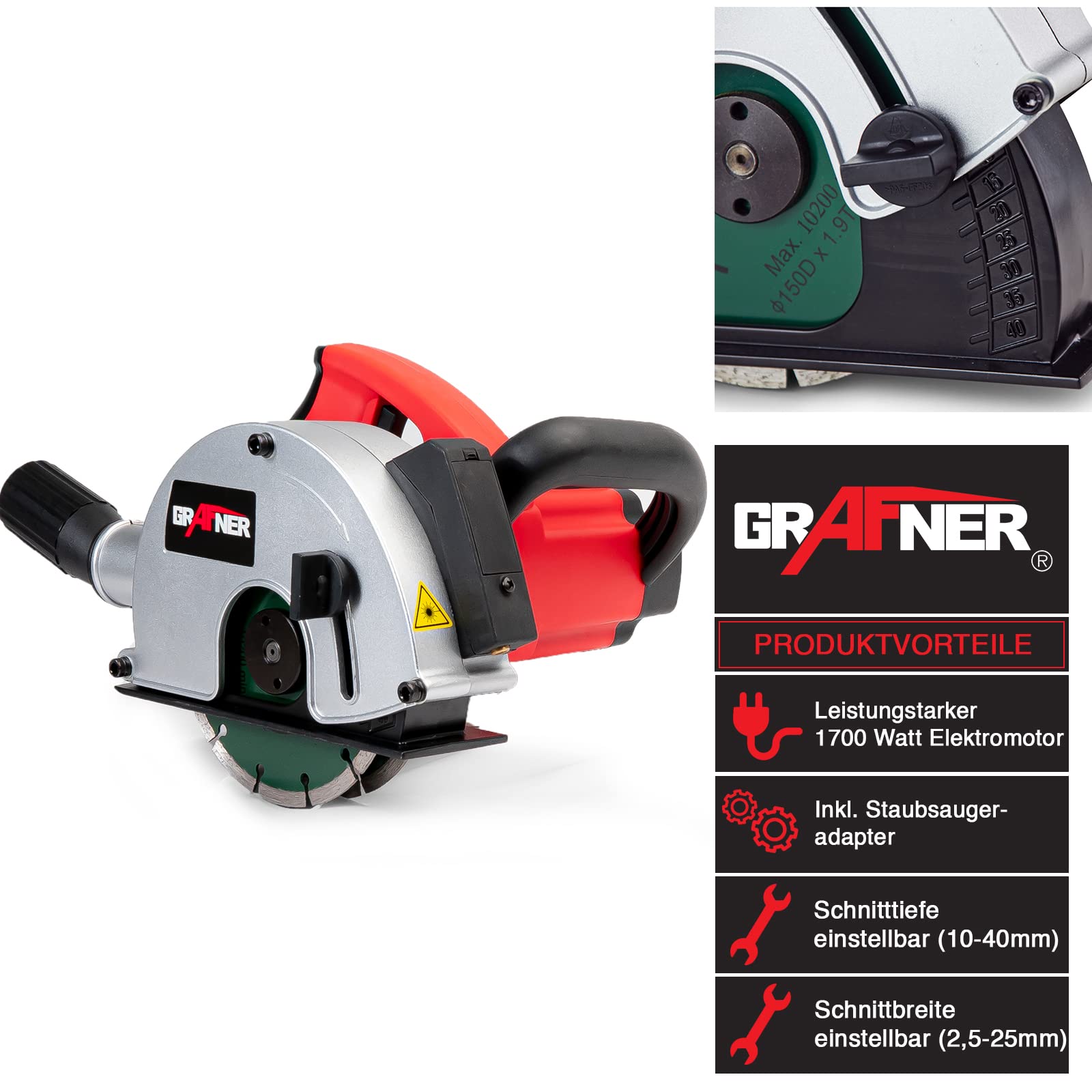 Grafner Mauernutfräse mit Laser, kraftvolle 1700 Watt mit 4000 U/min, incl. 2x Ø 150 mm Diamant-Trennscheiben, Staubabsaugung, Nutbreite 14-29mm, Nuttiefe 10-40mm, Mauerfräse Schlitzfräse