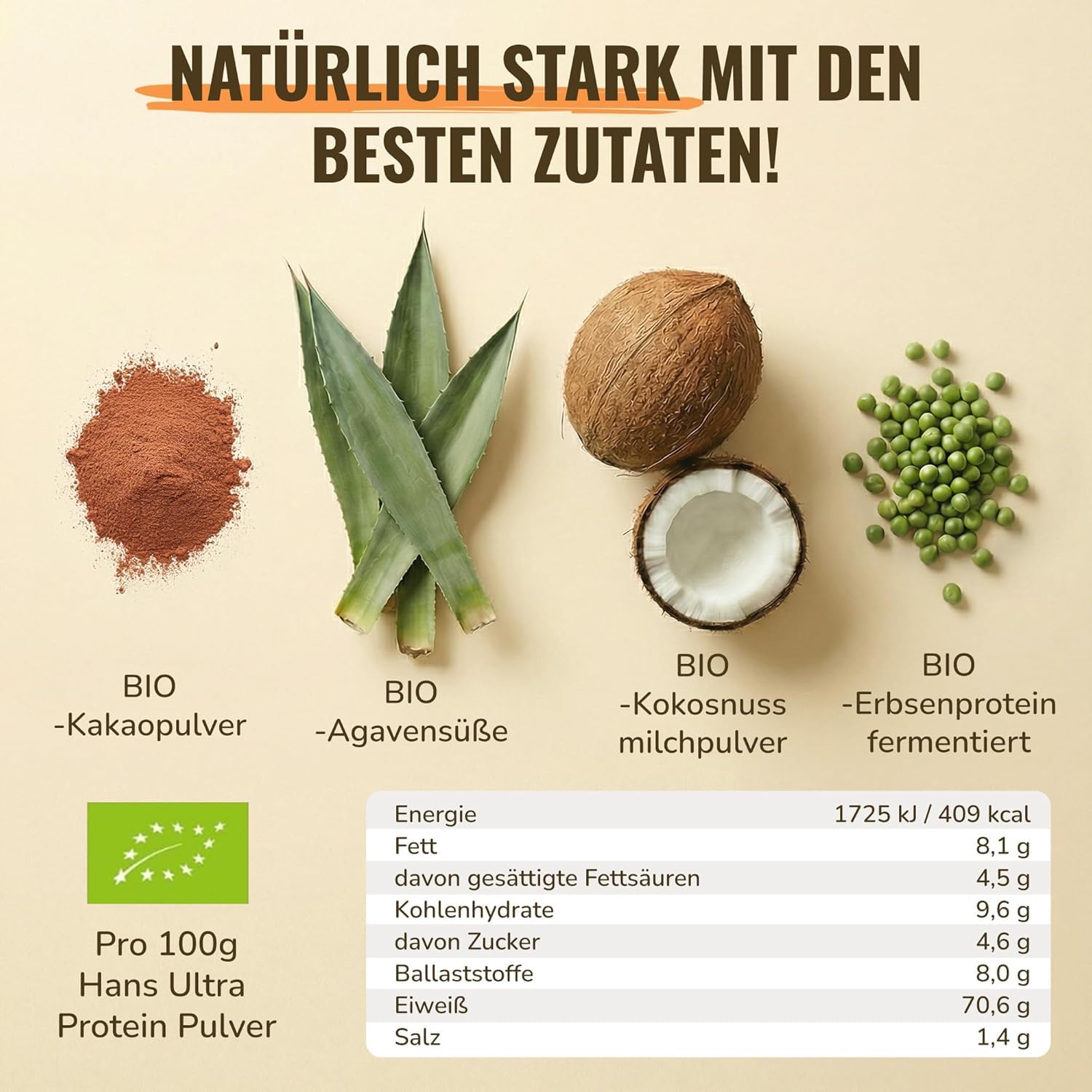 HANS Brainfood Veganes Proteinpulver Schoko - Bio Zertifiziert aus Bayern – 70% fermentiertes Erbsenprotein ohne Süßungsmittel, cremig & gut löslich – Protein Pulver vegan (3000g)