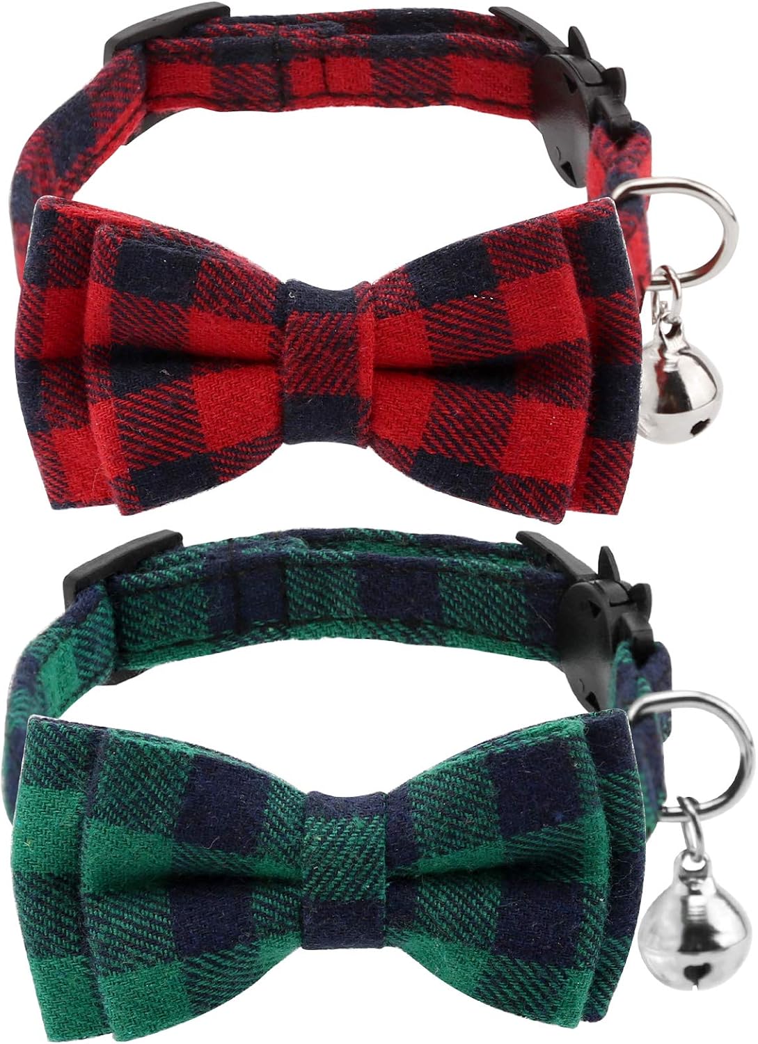 LUTER 2Pcs Christmas Plaid Cat Collars Breakaway with Bow Tie and Bells, Adjustable Collars for Cats, Kitten, Puppy Supplies (Red, Green)