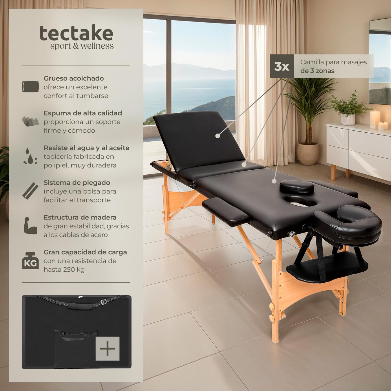 tectake® Camilla Masaje Plegable de Aluminio, Camilla Profesional para Fisioterapia, Quiromasaje, Tatoos, Reiki, Altura Ajustable, 3 Zonas, con Bolsa Transporte - Negro