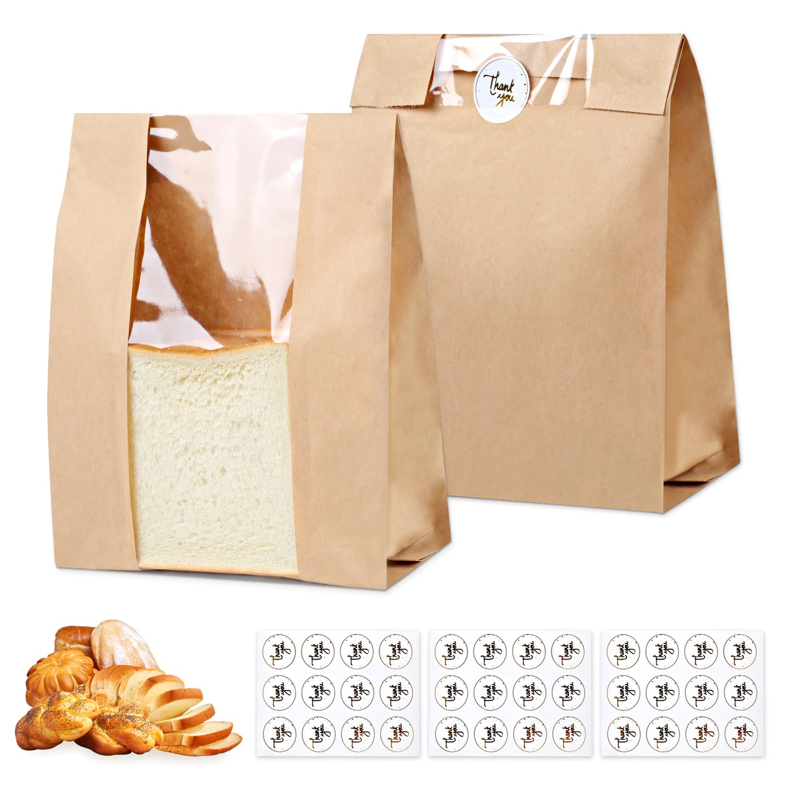 TBUKEOM 28 Pcs Bread Bags with Window, Brown Paper Bakery Bags for Homemade Sourdough, Baked Goods Packaging, Bakery Storage and Gift Giving, Includes
