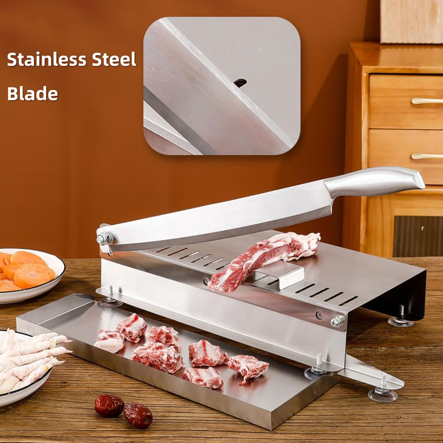 Stainless Steel Meat Cutter, Manual Bone Cutter with Food Tray, Ribs Chopper Slicer for Chicken Fish Beef