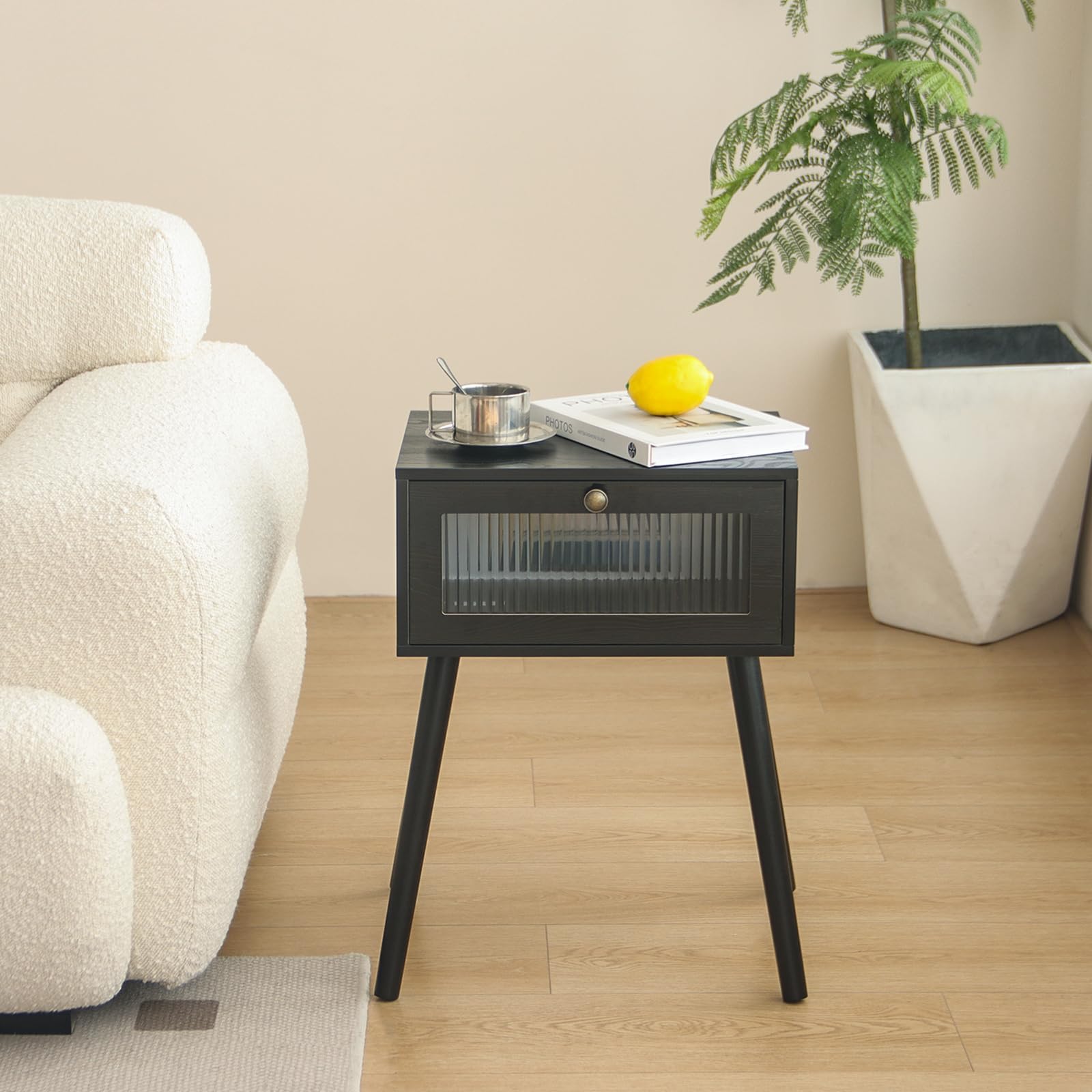 AWASEN Small Nightstand with Drawer, Black Modern Bedside Table with Storage, Side Table Bedroom End Table with Storage and Solid Wood Legs for Living Room and Small Space (Black)