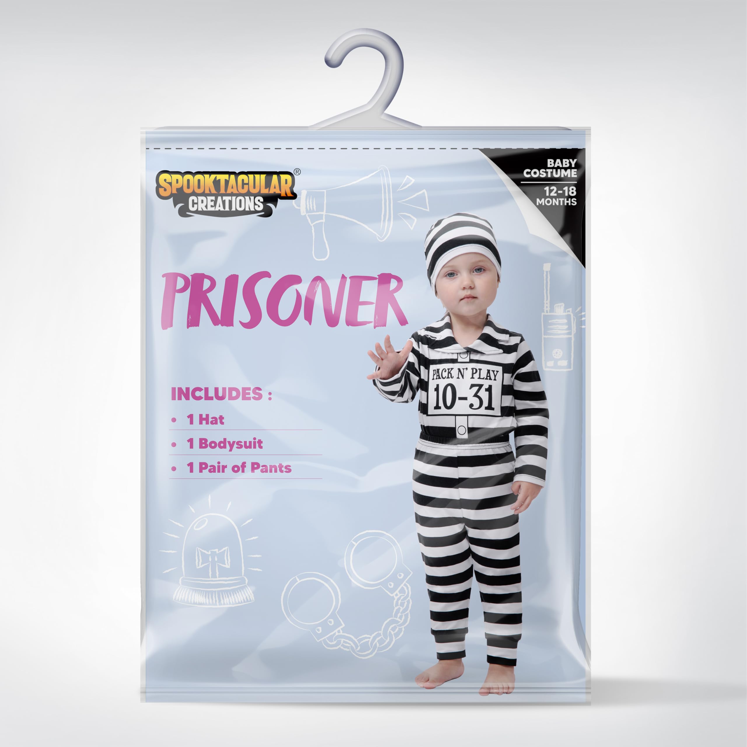 Spooktacular Creations Costume de prisonnier pour bébé et tout-petit, costume de prison pour bébé d'Halloween pour fêtes costumées d'Halloween (12-18 mois)