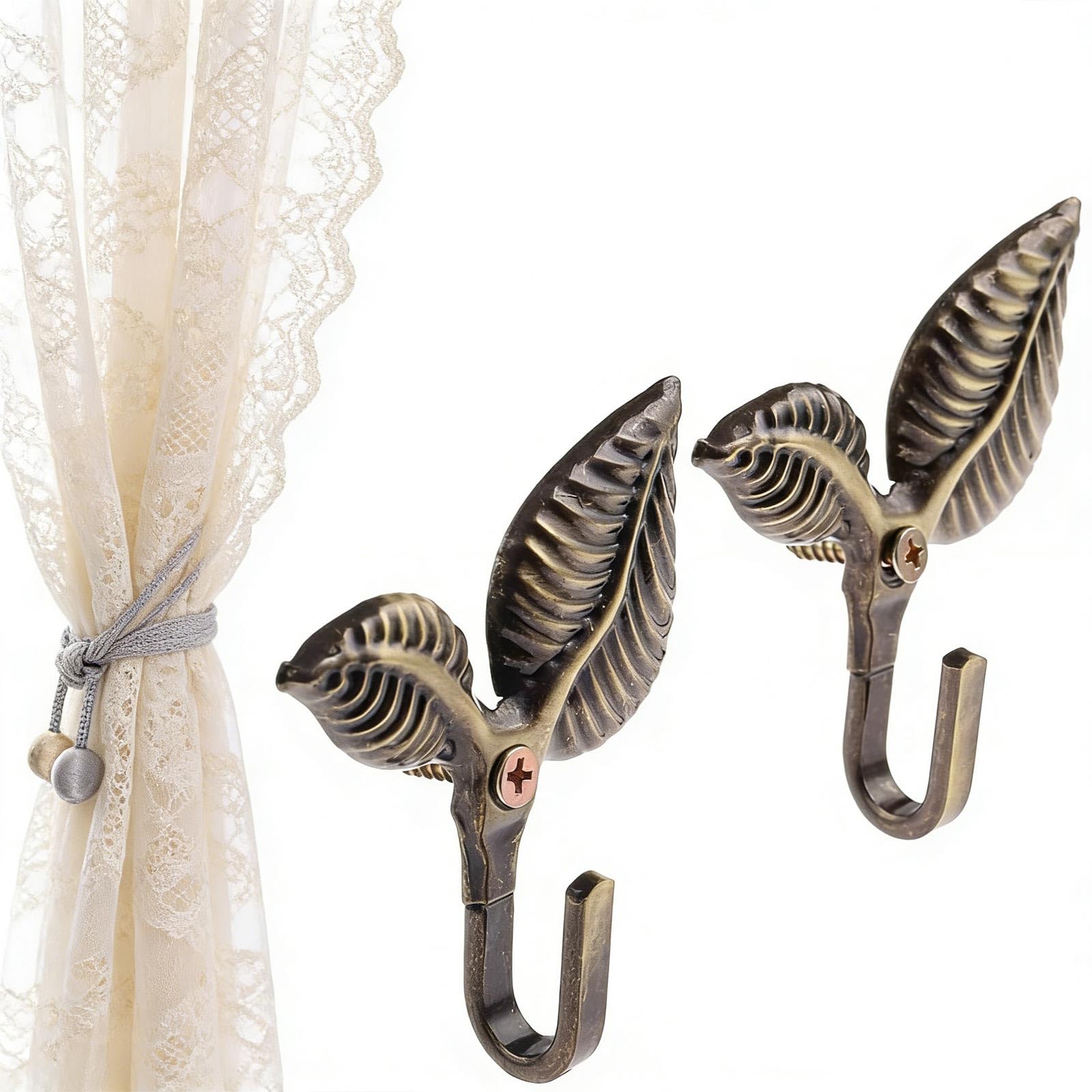 2 Pcs Bronze Double Leaf Tiebacks, Antique Curtains Tieback Hooks, Coat Hooks, Curtain Tie Backs, Gold Curtain Tie Backs, For Café, Living Room Drapes, Bedroom Window Decor, Vintage-style Home Accents