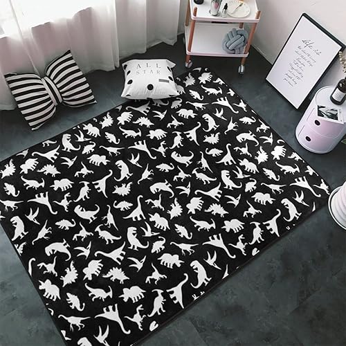 Miniatura 4 de Alfombras de área de dinosaurios, divertidas alfombras de área de dinosaurio, color blanco y negro, alfombras antideslizantes de 3 x 5, alfombras