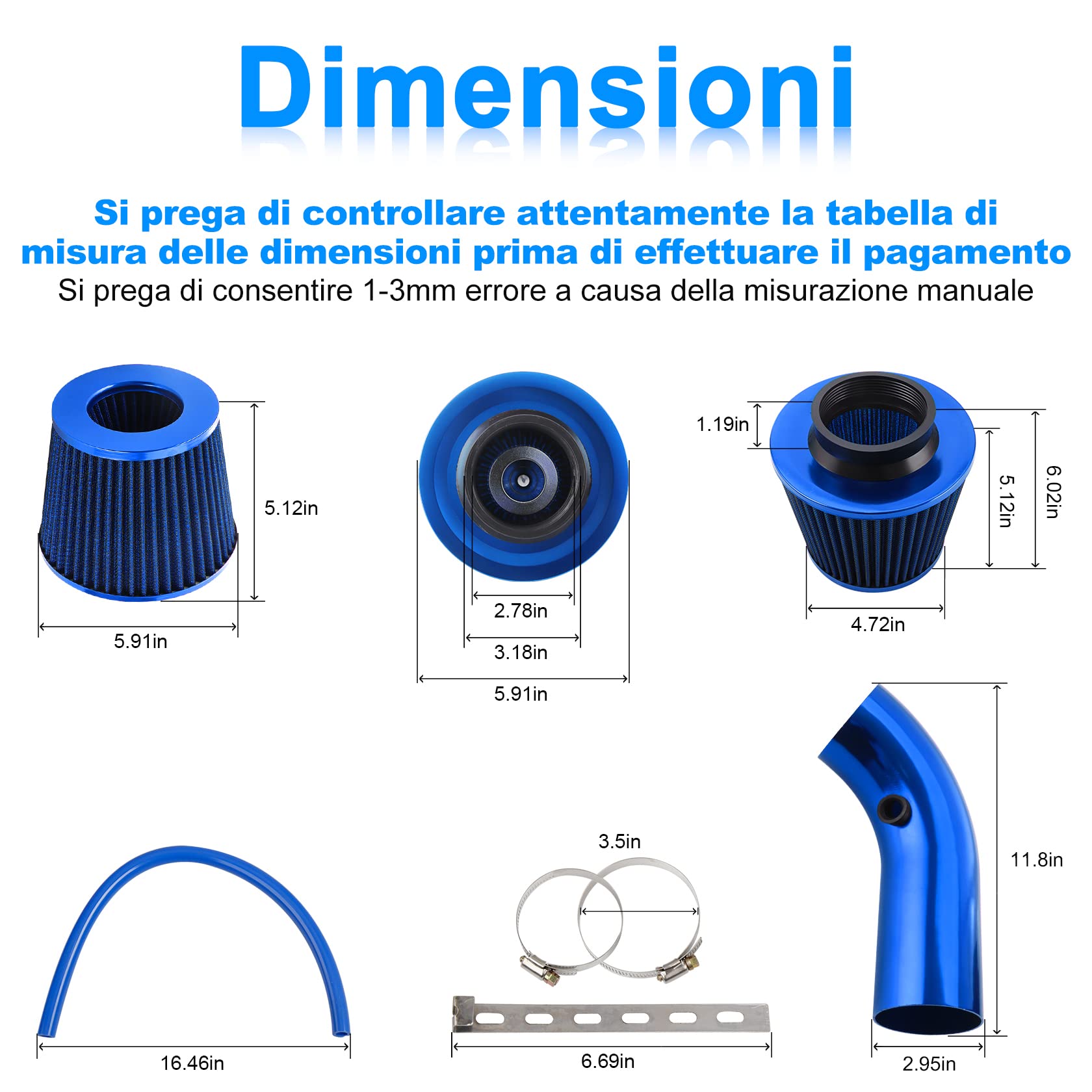 CarBole Kit Filtro aria sportivo universale Raffreddamento, Sistema ingresso aria per auto universale in fibra di carbonio con tubo blu