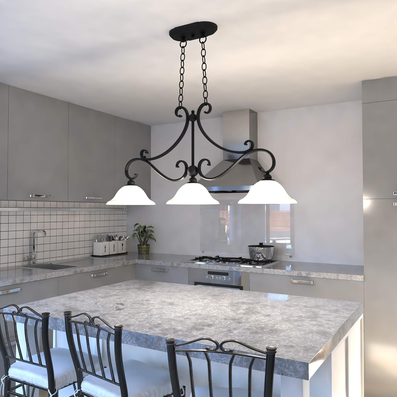 VAXCEL Monrovia 43.75-in Oil Rubbed Bronze 3-Light Linear Chandelier, Hanging Ceiling Island Pendant with White Glass