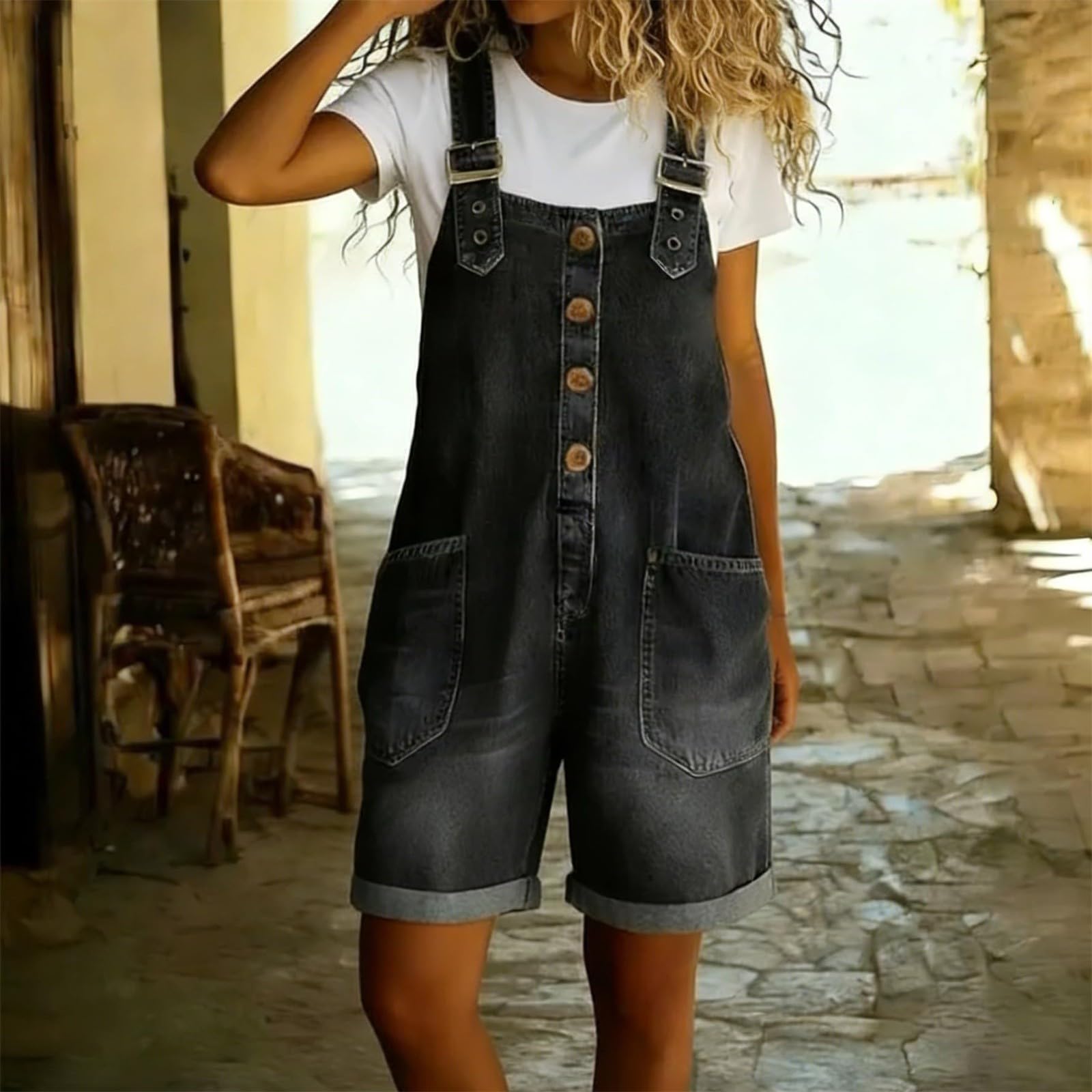 Generisch Salopette da donna in jeans a gamba larga, con spalline regolabili, in denim lavato, oversize, baggy, da lavoro, casual, con tasca