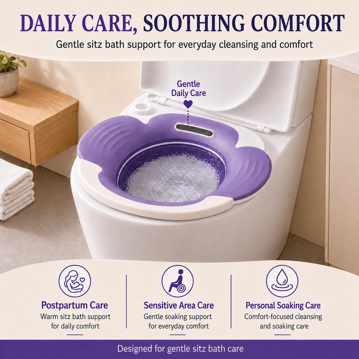 Electric Sitz Bath for Toilet Seat, 3W Pump Sitz Bath Basin with Gentle Water Jet, Extra-Wide Comfort Rim, Foldable Soaking Tub for Postpartum, Hemorrhoid and Perineal Care（Purple）