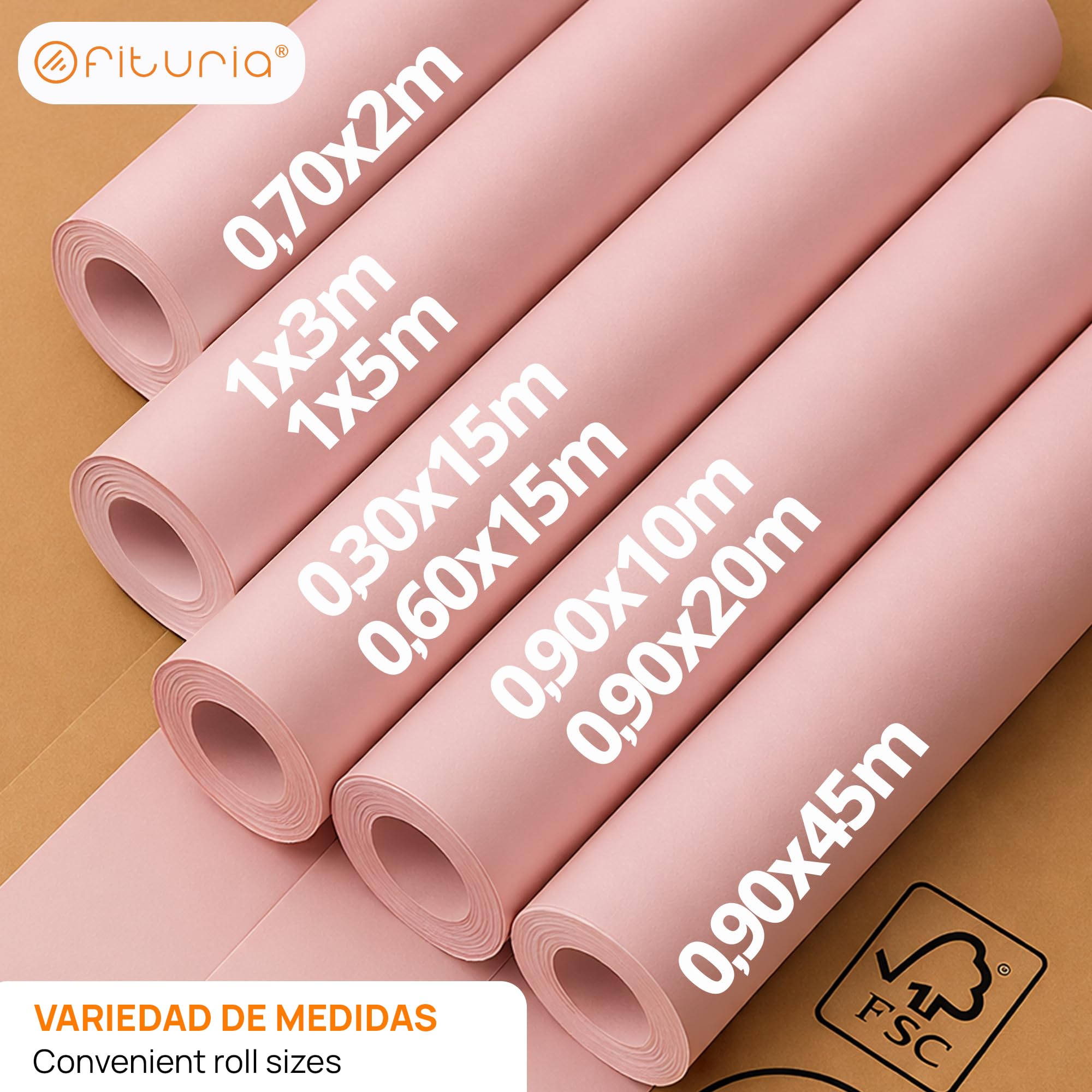 OFITURIA Papel Kraft Pastelowa Różowa Rolka 0,60 x 15 m, 3 rolki - papier pakowy i papier do pakowania prezentów, do wysyłki i majsterkowania, trwały i łatwy do cięcia