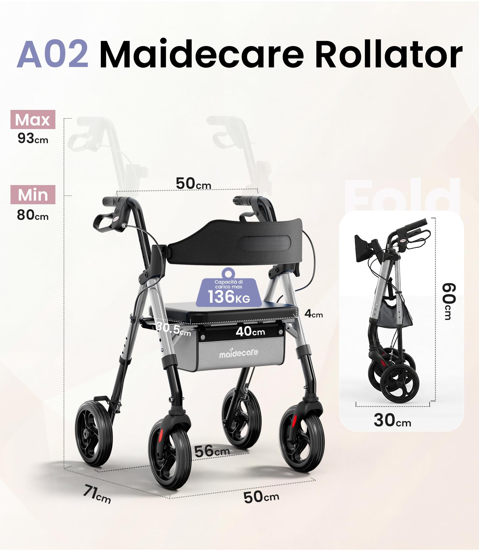 Deambulatore per Anziani con Seduta, Girello Pieghevole con Seduta, Deambulatore da Interno ed Esterno, Rollator a 4 Ruote con Manubrio Regolabile in Altezza, Ruote 8" Tutto Terreno, Argento Stellare
