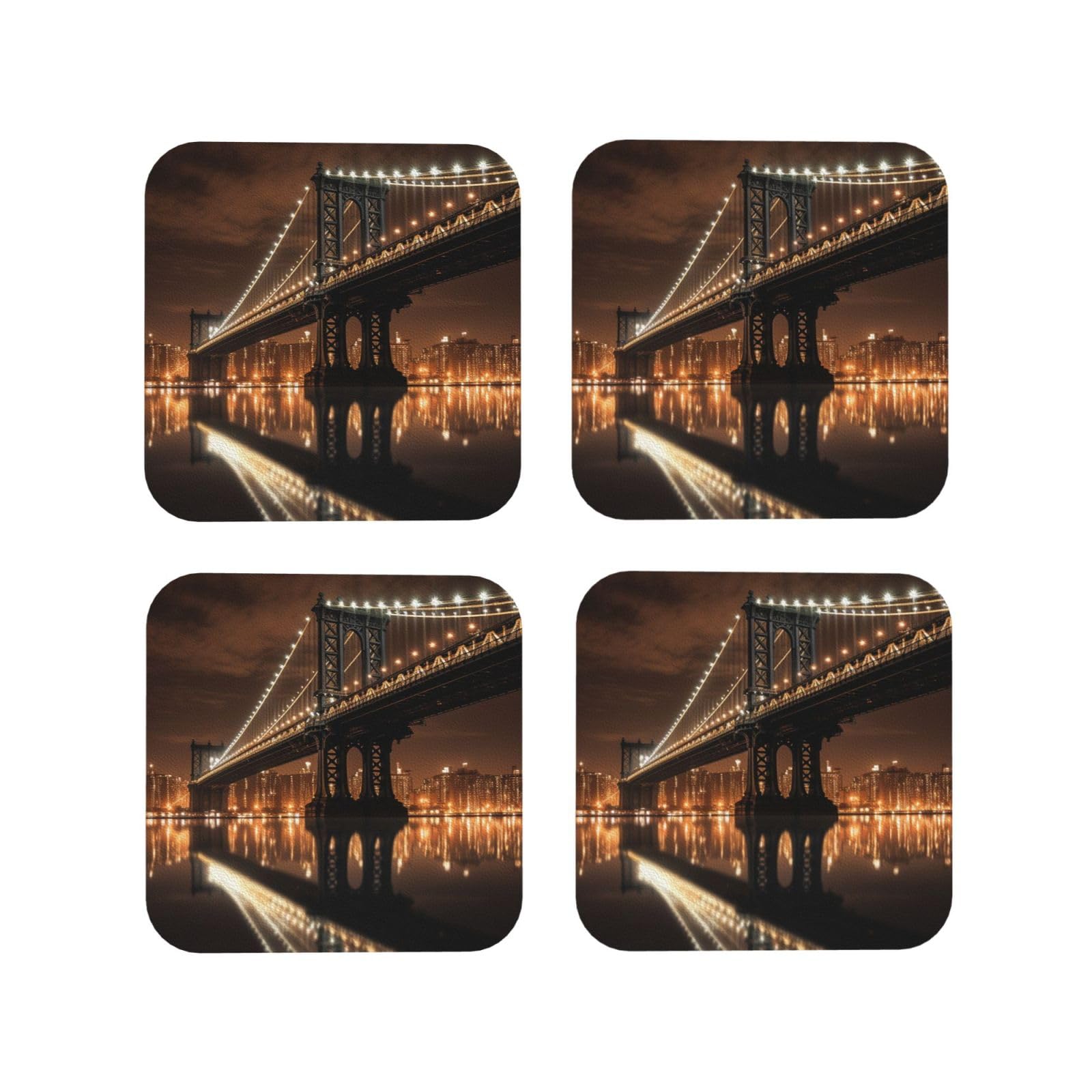 4pcs Drink Coasters for Tabletop Protection, 4" Leather Coasters for Drinks, New York Manhattan Bridge Night Cup Coasters for Coffee Table Decor, Non-Slip Drinking Cup Mat for Hot Or Cold Drink