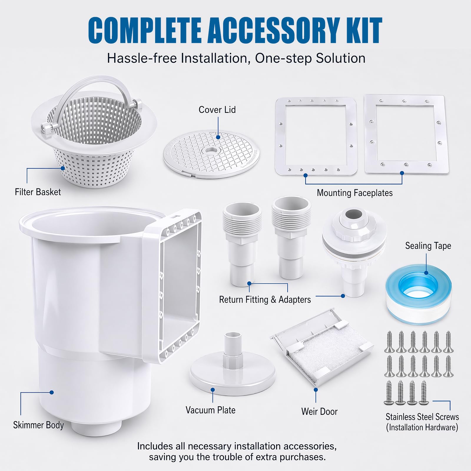 Kit de Skimmer pour Piscines à Parois en Acier et Piscines Hors Sol - Skimmer Encastrable Hautement Efficace avec Grand Panier Filtrant, Buse D'aspiration et Raccord de Tuyau 32/38 mm