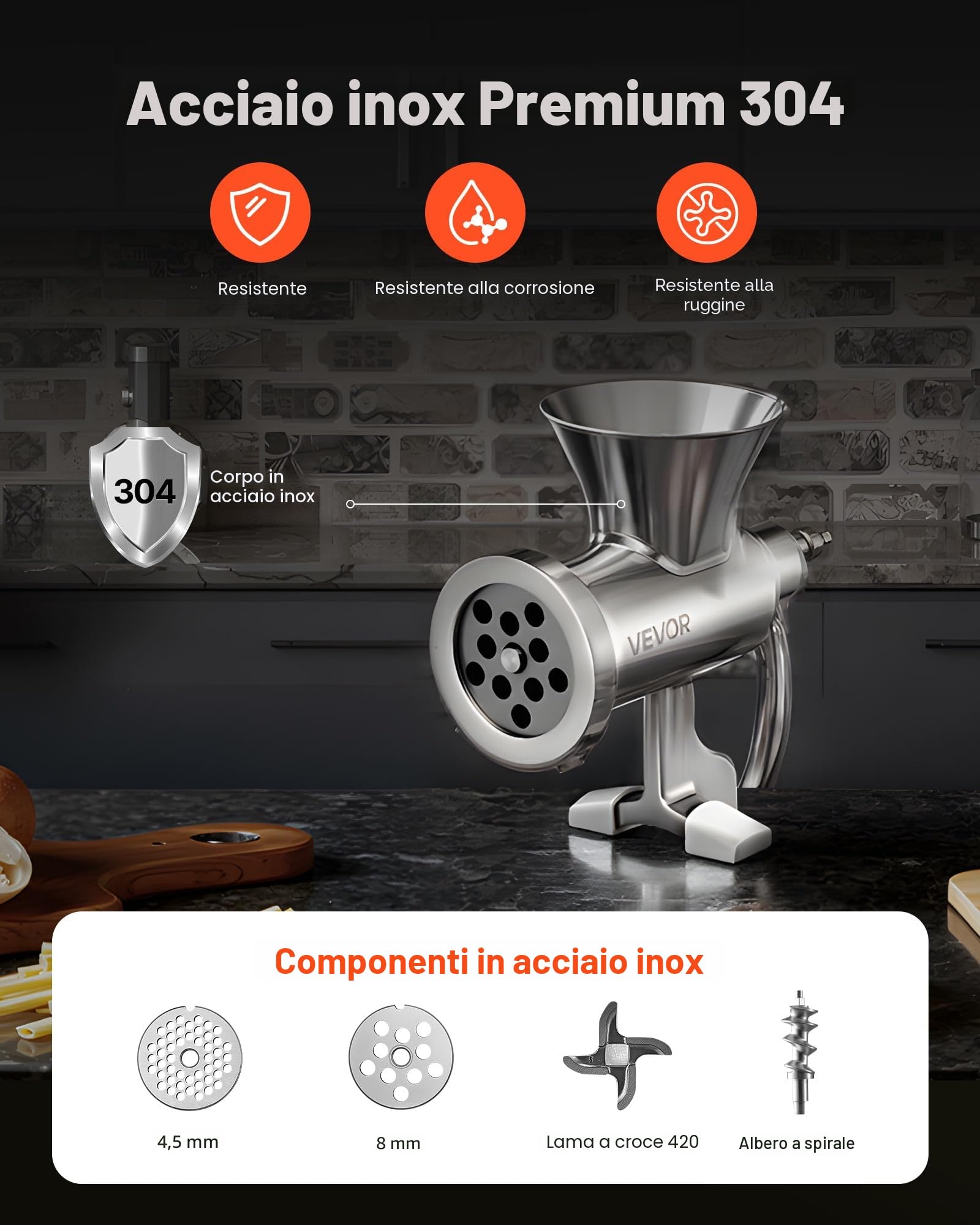 VEVOR Tritacarne Manuale, Tritacarne in Acciaio Inox 304 con Manovella e Morsetto da Tavolo in Acciaio, Insaccatrice con 2 Piastre di Taglio e 4 Tubi per Salsicce, per Carne di Manzo, Chili e Maiale
