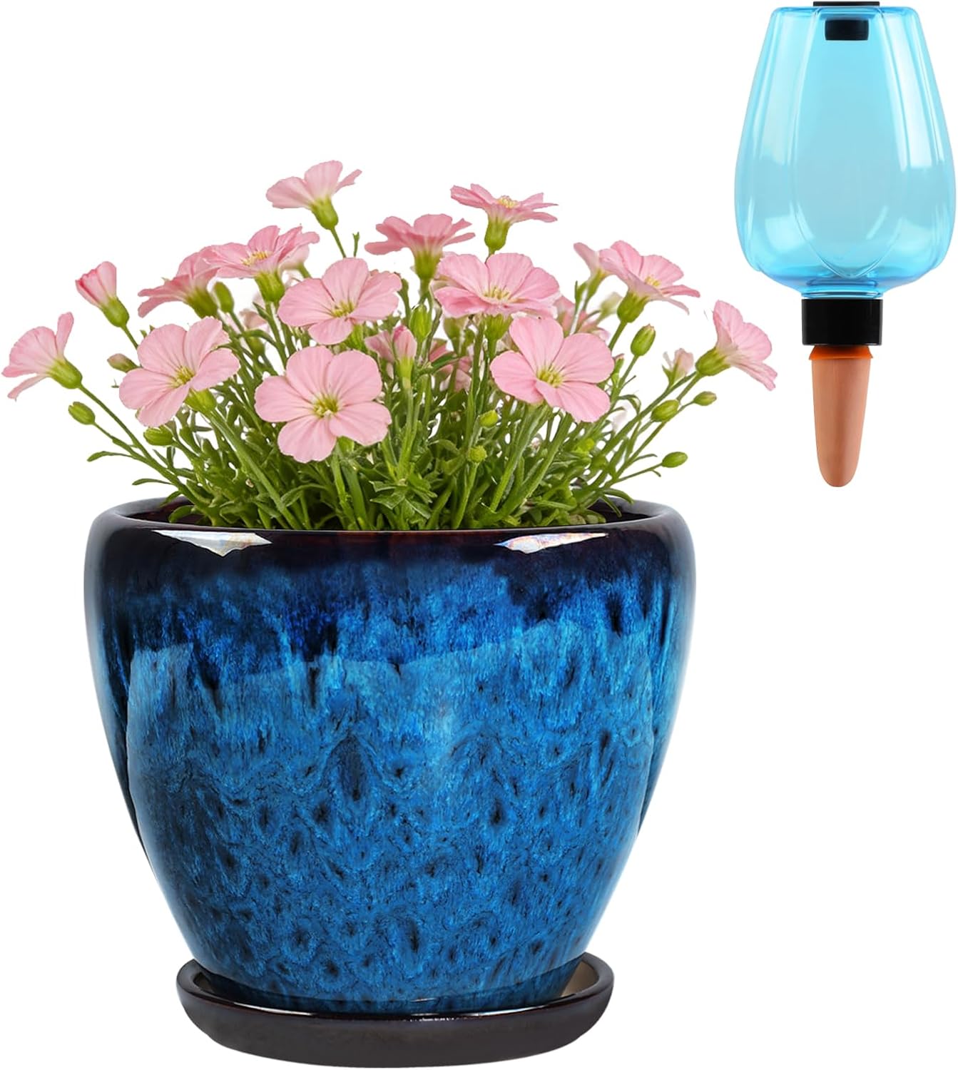 Ceramic Pots for Plant with Self Watering Globes, 6 inch Planters for Indoor Plants with Saucer, Glaze Flower Pots Outdoor with Drainage Holes, Decorative Garden Pots