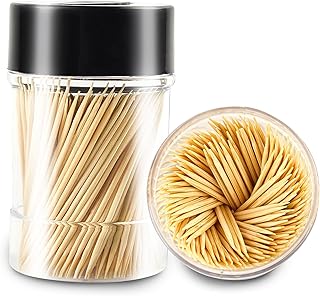 [3000 Count 100% Natural Bamboo Toothpicks - with 1 Piece Reusable Toothpick Holder, Sturdy and Smooth Toothpicks for Parties, Appetizers, Olives, BBQ, Fruit and Teeth Cleaning, Black.