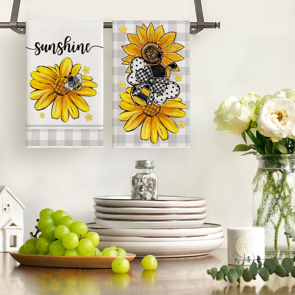 Set Di 2 Asciugamani Da Cucina A Quadri Con Girasoli - 42x65cm, Assorbenti E Decorativi | Stile Estivo - Foto 5