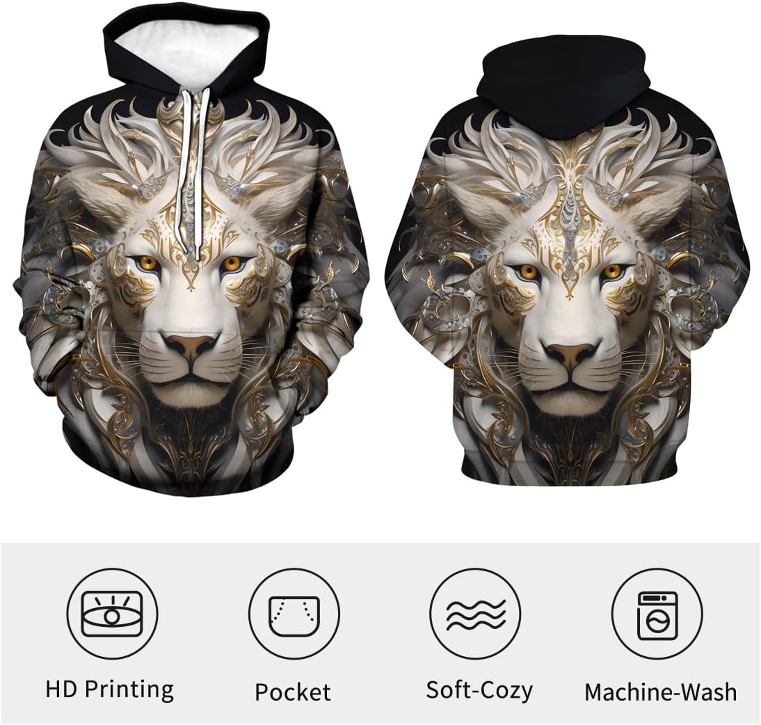 Men's Retro 3D White Lion Graphic Hoodies Wild Lion Hooded Sweatshirts Hoodie - Image 3