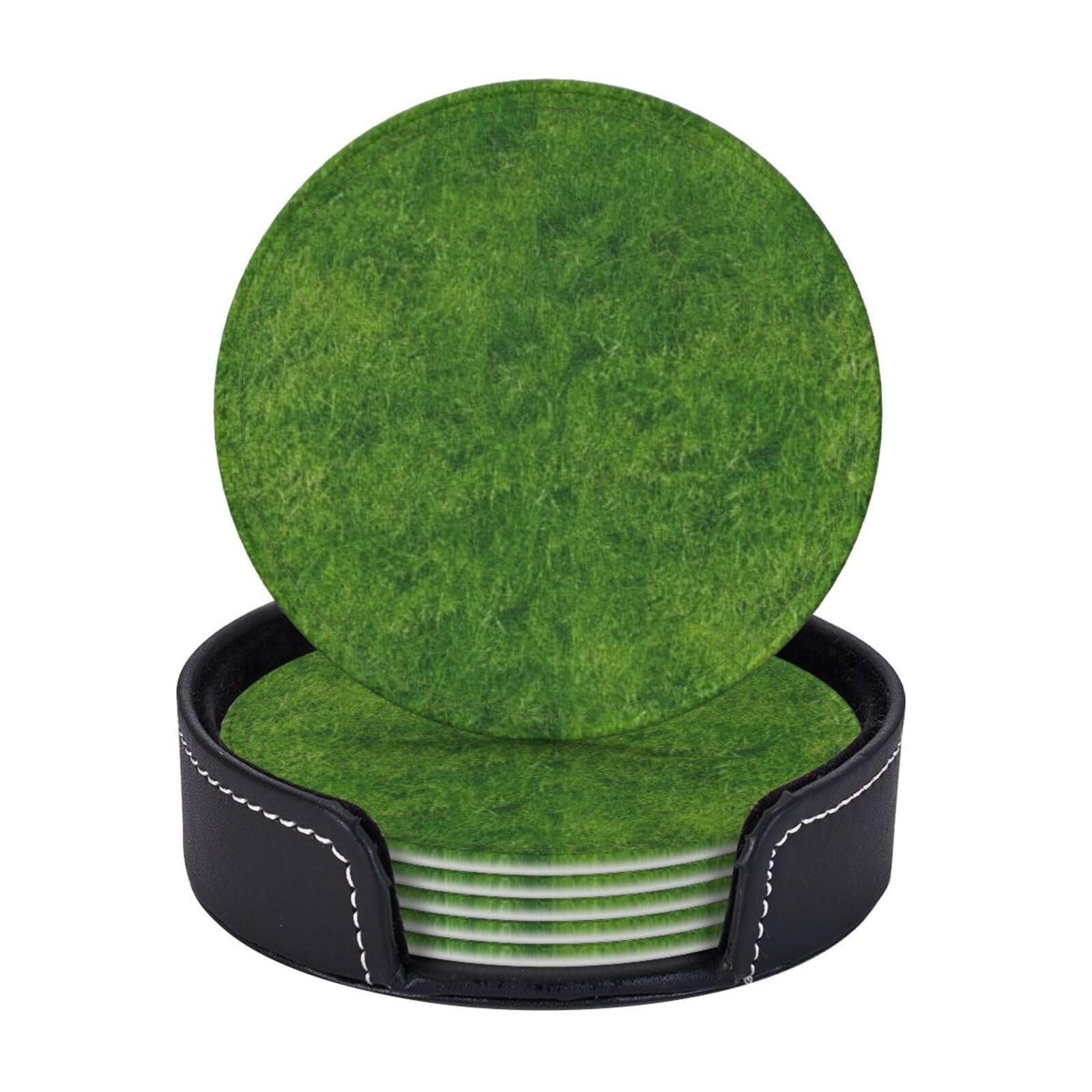 6 Pcs Green Grass Leather Coasters for Drinks with Holder Coaster Sets Drink Table Cup Coasters for Living Room Kitchen Coffee Decor