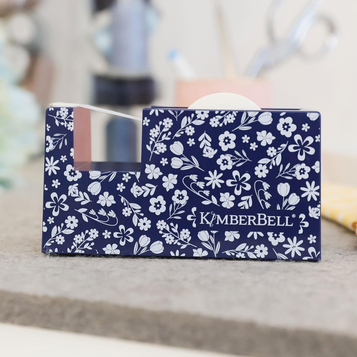 Kimberbell Navy Floral Tape Dispenser – Designed for Kimberbell Paper Tape – Stylish Floral Dispenser for Sewing and Machine Embroidery Projects – 5.375" x 3.25" x 2.25"