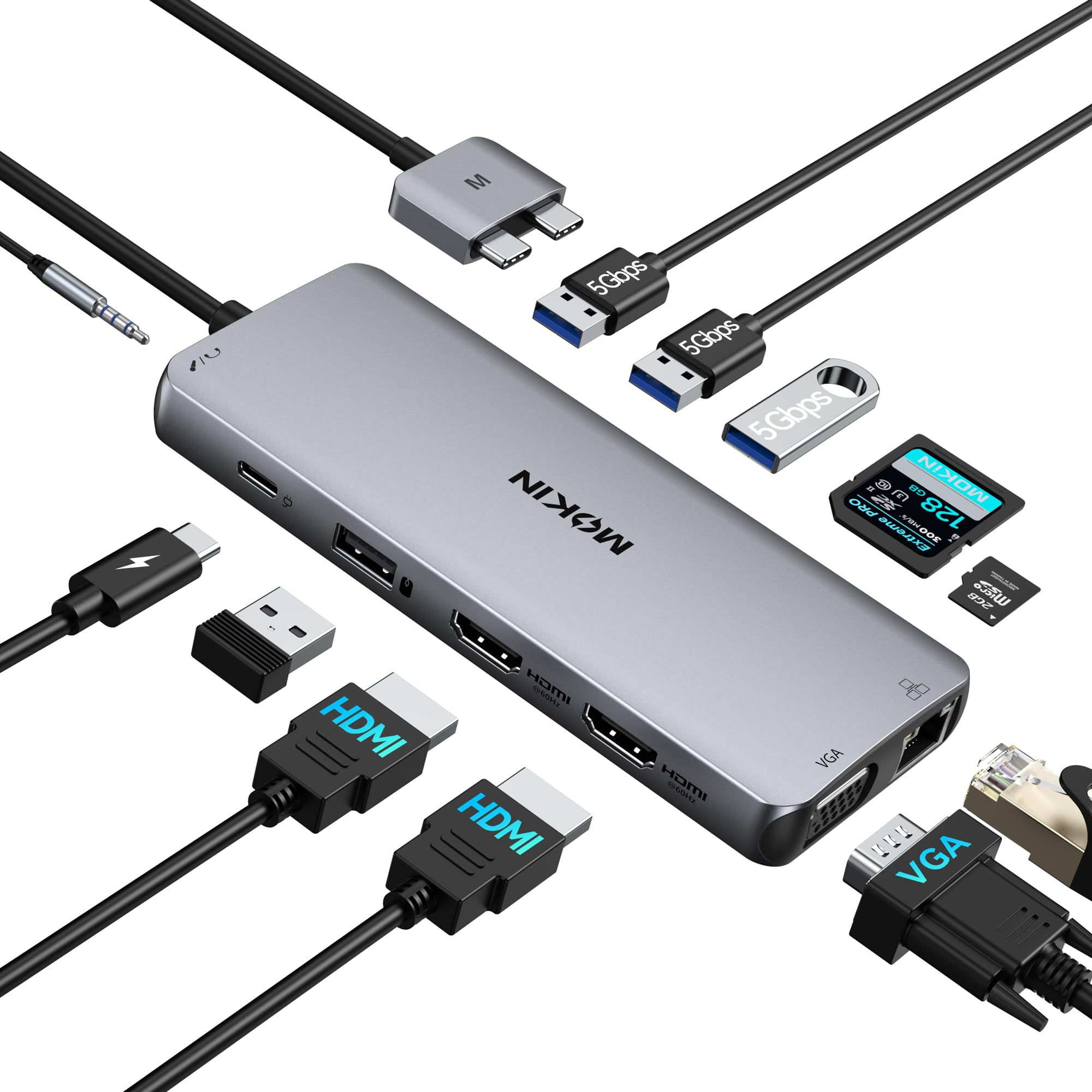 MacBook Pro Docking Station Dual Monitor HDMI Adapter,12 in 1 USB C Adapters for MacBook Pro Air Mac HDMI Dock Dongle Dual USB C to DualHDMI VGA Ethernet AUX 4USB SD/TF100W PD