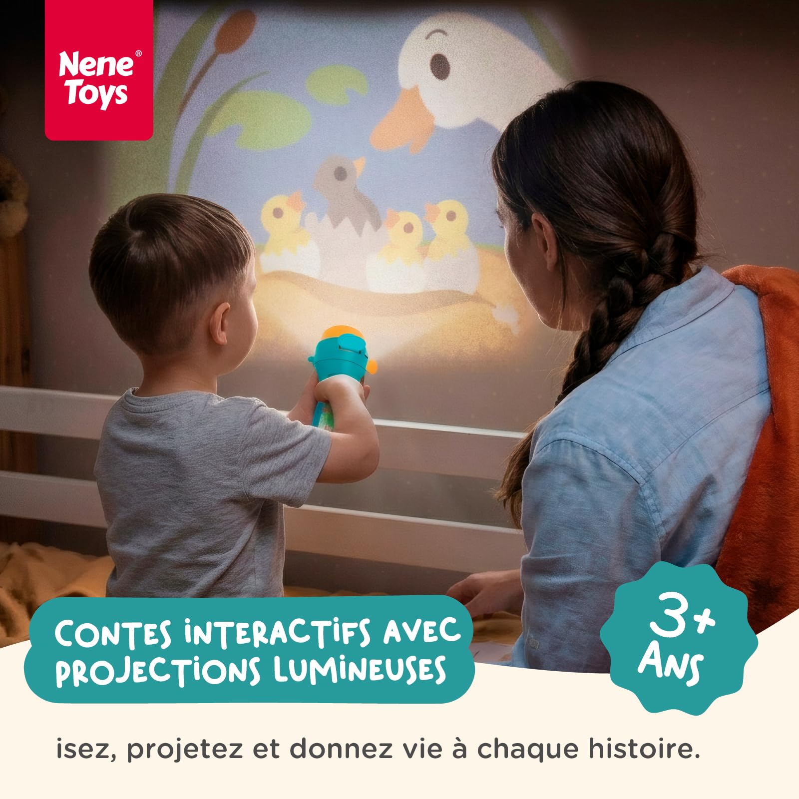 Nene Toys Livre de Contes avec Projecteur Lampe Torche & Marionnettes d’Ombres pour Enfants dès 3 Ans – 4 Histoires Classiques en 5 Langues, Coffret d’Histoires du Soir