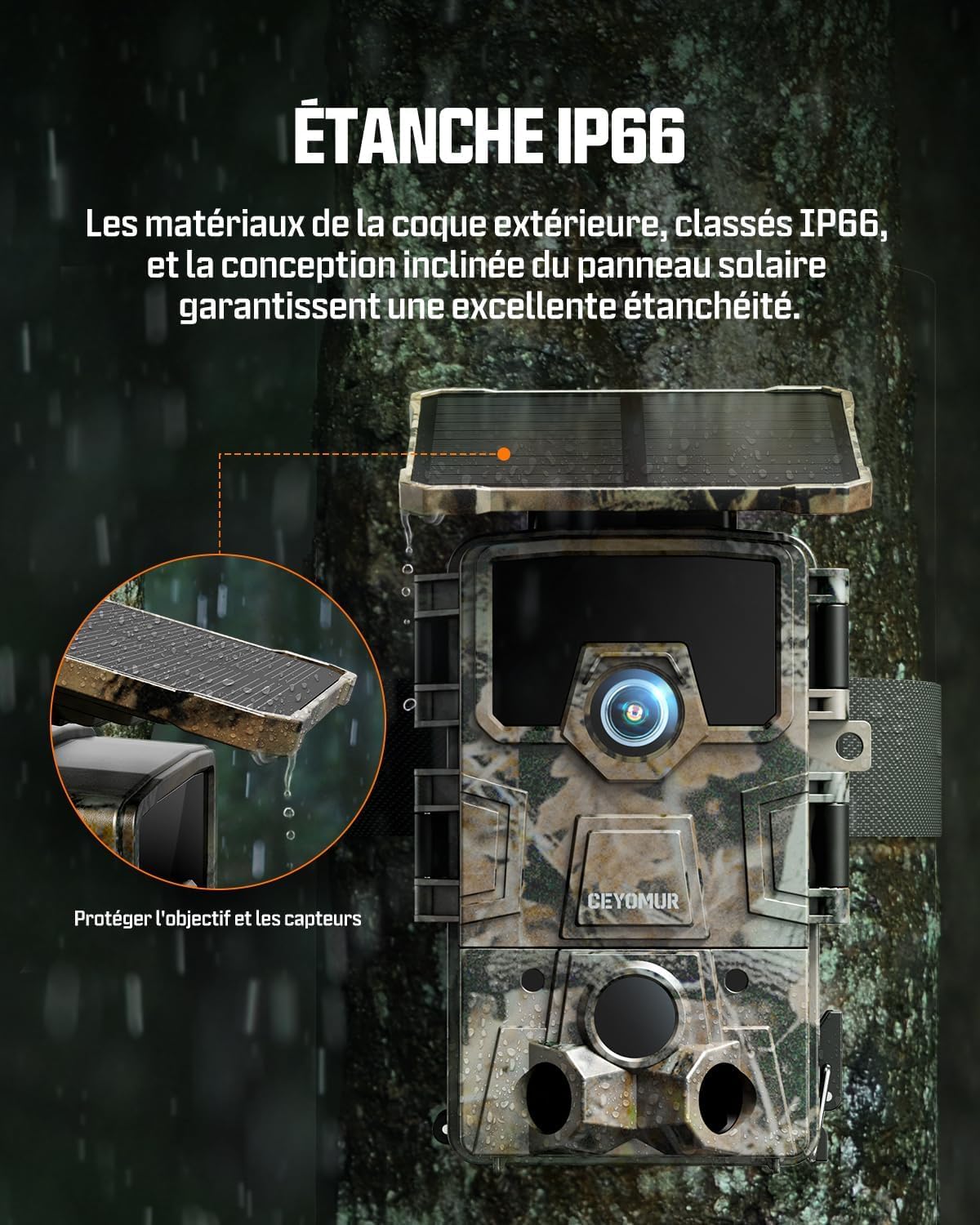 CEYOMUR Solaire Camera de Chasse, 4K 64MP 30fps WiFi 6 Caméra de Chasse | Carte SD 64GB, 0,1s Activée par Mouvement, IP66 Étanche Vision Nocturne, 5200mAh Batterie Rechargeable