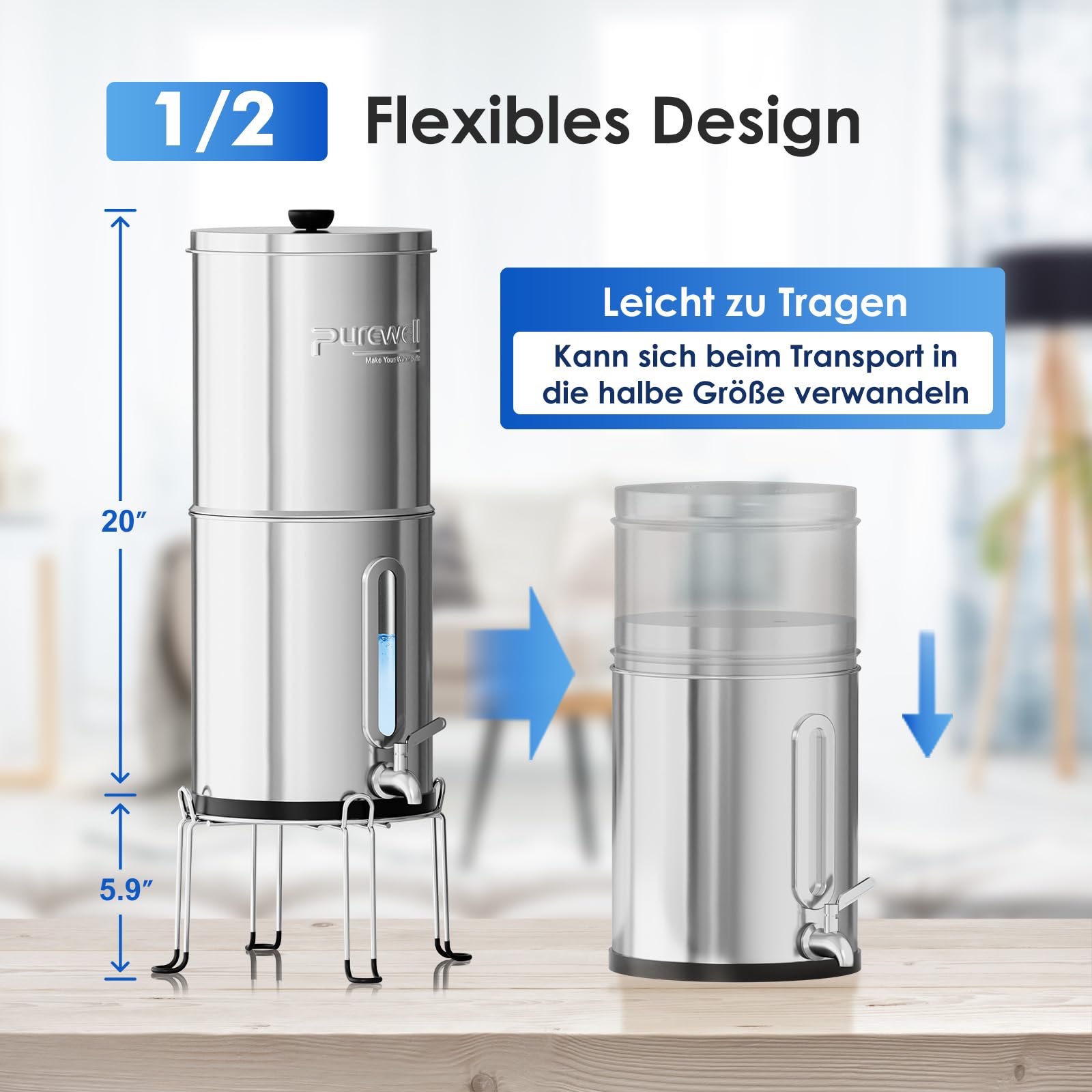 Purewell Schwerkraft-Wasserfilter 8,5L – 8-Stufen-Filtersystem mit 4 Filtern (gegen Fluorid & Chlor) + Wasserstandsanzeige Stromfreier Wasserreiniger für Familie & Notfall – Ideal für Camping